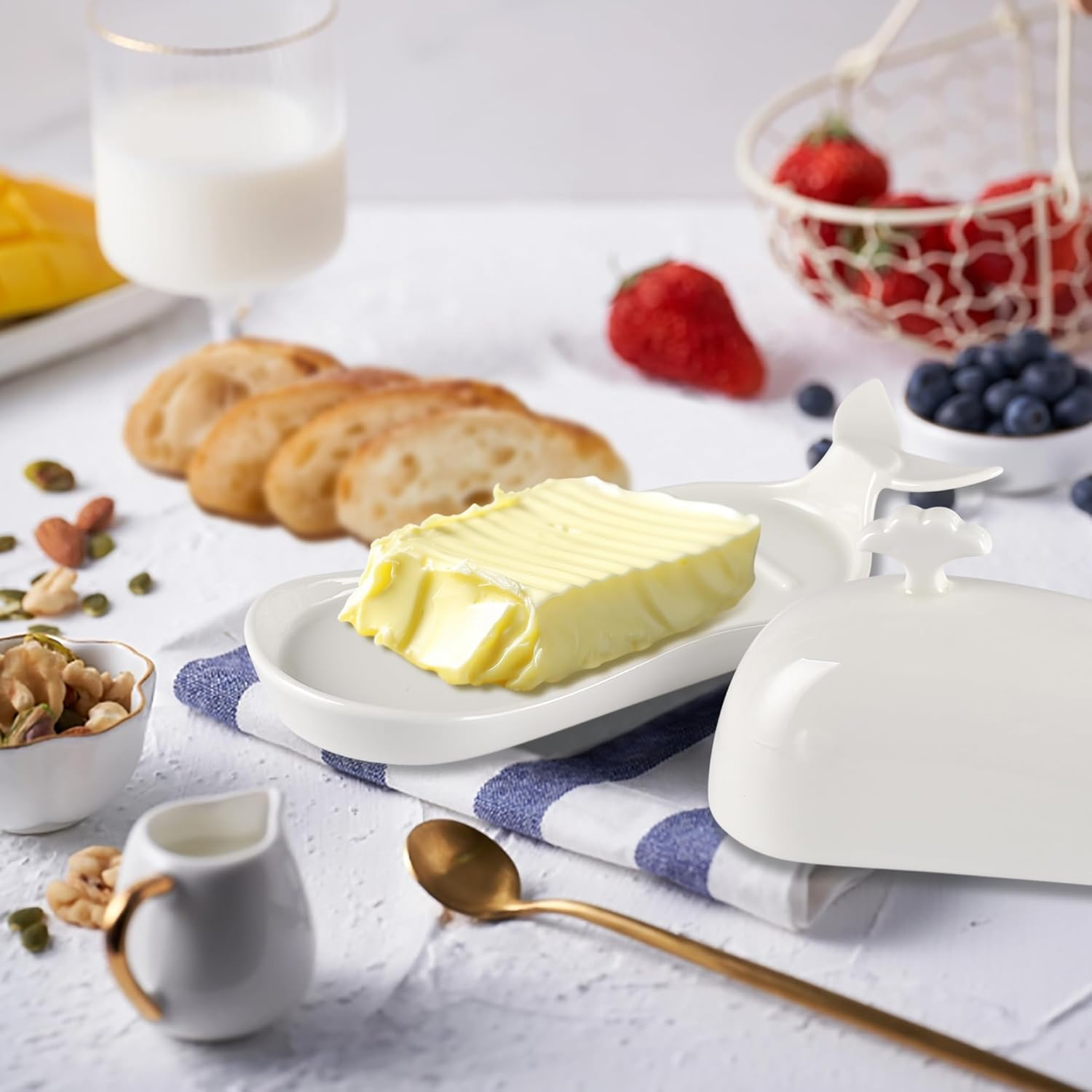 White Ceramic Butter Dish with Cover, Fit Both Western Stubbies and Elgin Butter Sizes Alike, Ideal to Savour Relaxed Meal with Family and Friends image number 3