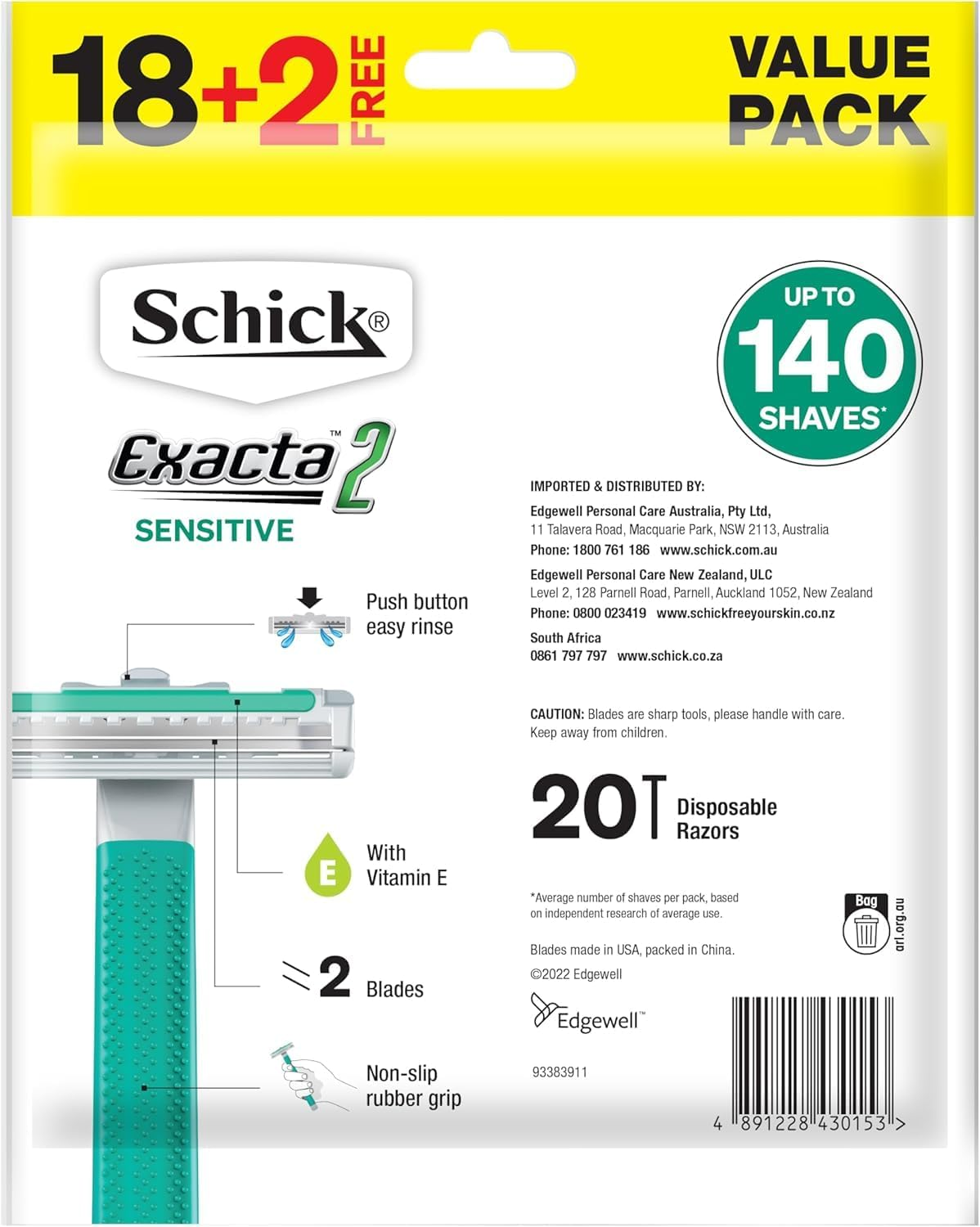 Schick - Exacta 2 for Men| Disposable Sensitive Razors | 18 Pack | Vitamin E | Push Clean | 2 Blade Precision | Non-Slip Rubber Grip image number 3