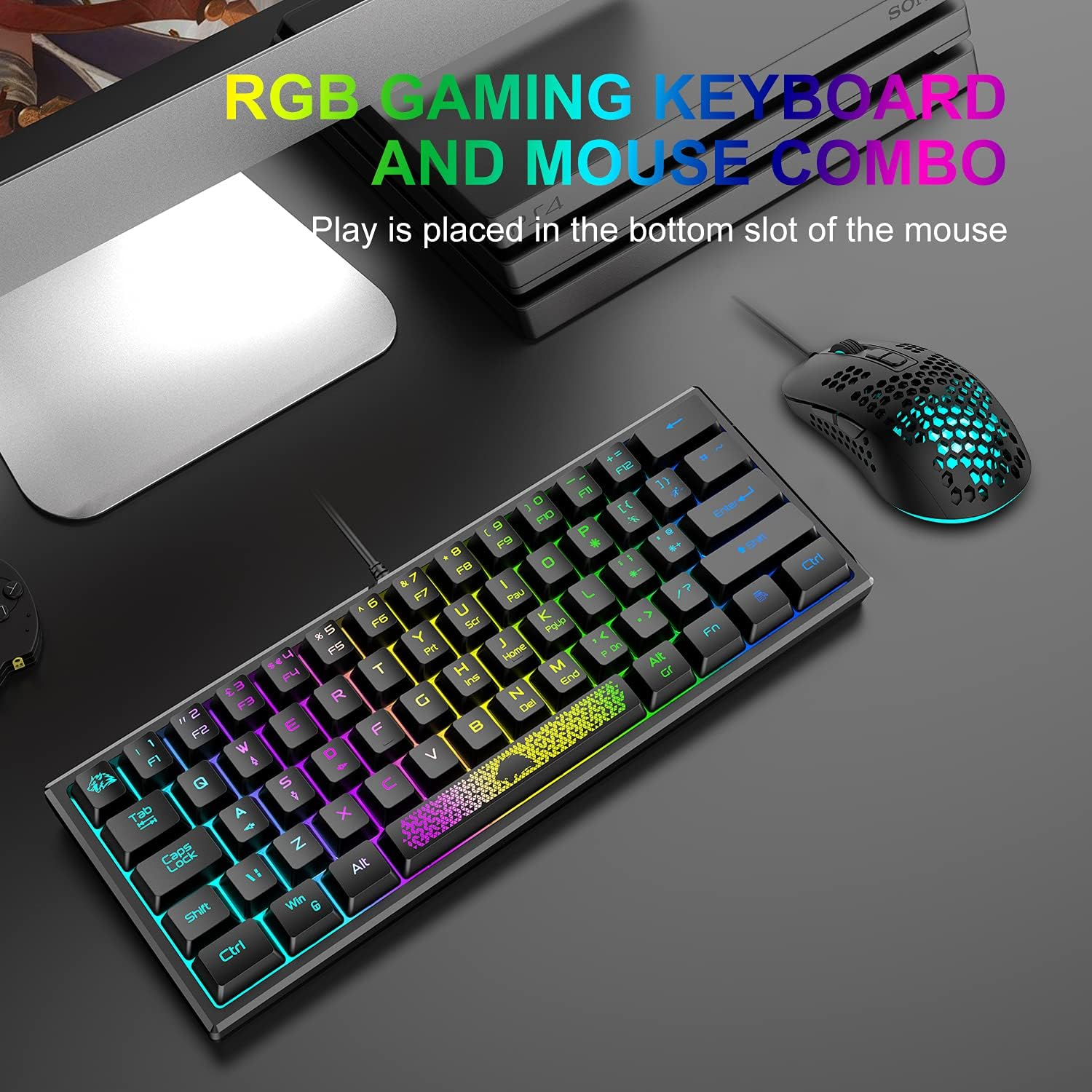 MAGIC-REFINER RK61 60% Gaming Keyboard and Mouse,Rainbow LED Backlit Gaming Keyboard with Wired Mini Portable 2400 DPI Ultralight Gaming Honeycomb Shell Mouse,Mouse Pad for Windows PC Gamers(Black) image number 5