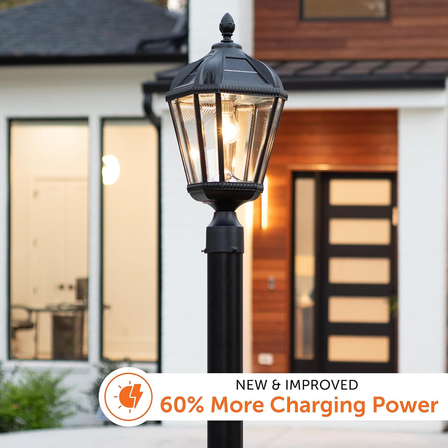 Gama Sonic Outdoor Solar Post Light, Black Aluminum, Royal Bulb, Rain Water Glass, Single Lamp with 3-Inch Fitter for Lamp Posts Warm White LED, 98B012 (Upgraded Panel and Battery) image number 6