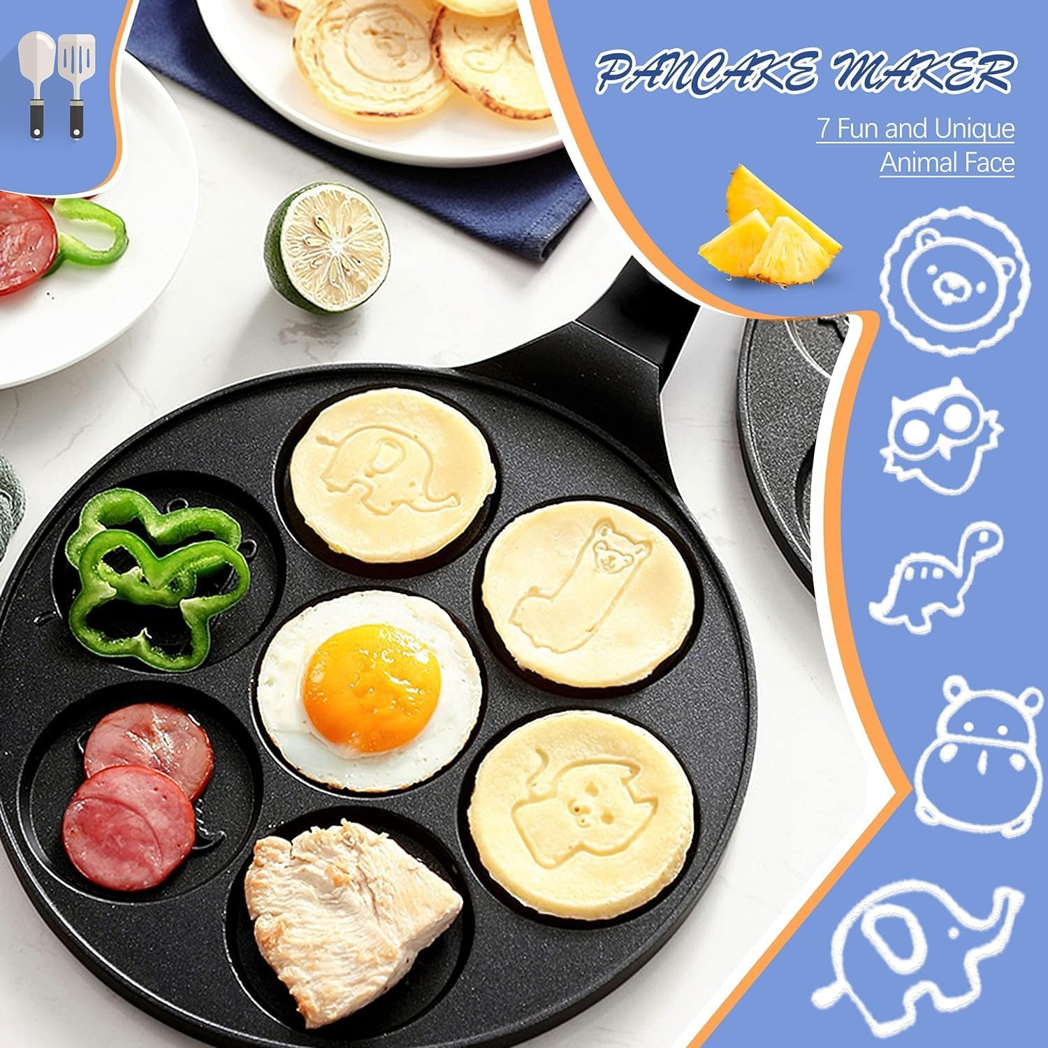 Pancake Pan Nonstick 10 Inch Animal Pancake Maker Mini Pancake Mold Pan Blini Pan for Kids Gifts Cake, Black (7-Cup) image number 2