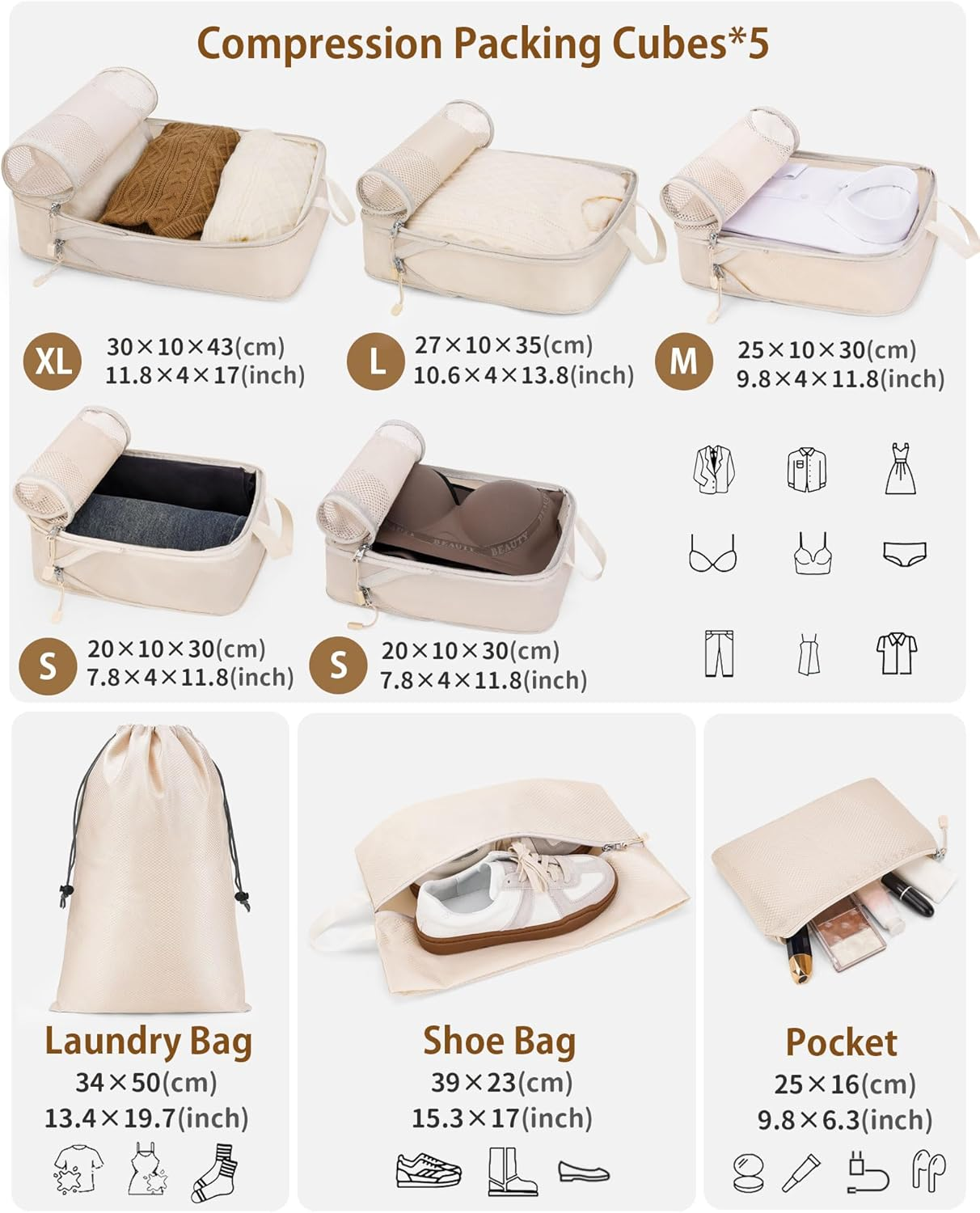 Compression Packing Cubes 8 Set, Suitcase Organiser Bags, Travel Cubes for Suitcases, Luggage Organiser Packing Bags, Flight Cruise Holiday Essentials - Grey image number 5