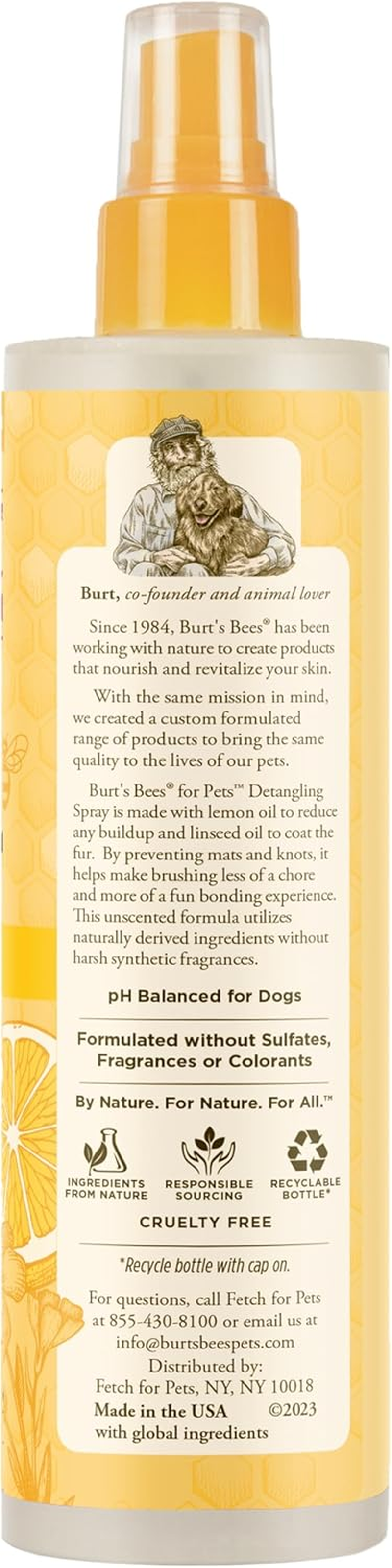 Burt'S Bees for Pets Detangling Spray for Dogs with Lemon and Linseed Oil, 99.7% Natural Origin Formulas, Waterless Canine Shampoo - Gentle Dry Cleanser for Pups 10 Oz