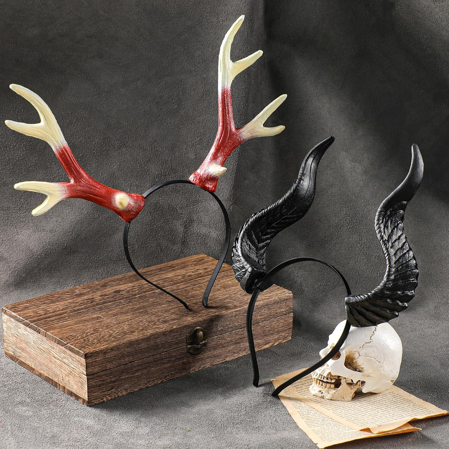 MOSTORY Black Devil Horns Headband for Men Women Cosplay Demon Horn Headband with Removable Bull Horns for Renfaire Devil Costume image number 6