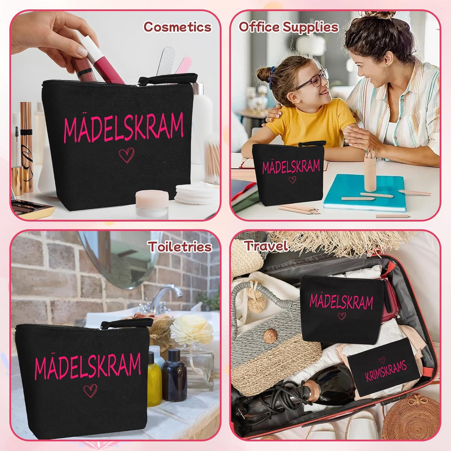 Pack of 2 Cosmetic Bag Girls Makeup Bag Girls Black Cosmetic Bag Small Toiletry Bag Make up Bag with Saying Gifts for Women Ladies Girlfriend Mum image number 3