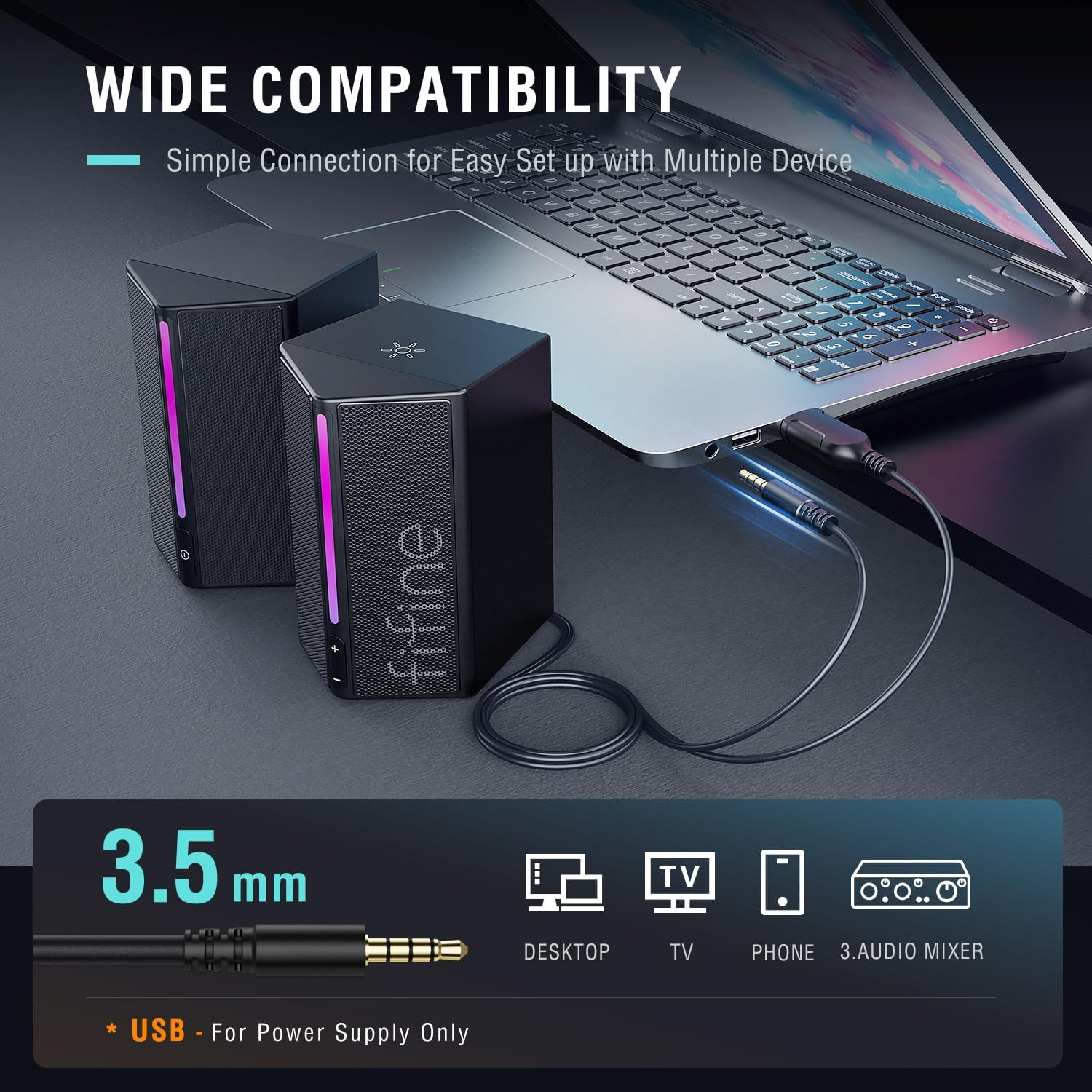 FIFINE Computer Speakers, Gaming Speakers for Desktop with RGB, Volume Control, PC Speakers USB Powered Wired with 3.5Mm Aux Audio Cable for Laptop Monitor Phone Tablet-Ampligame A20 image number 2