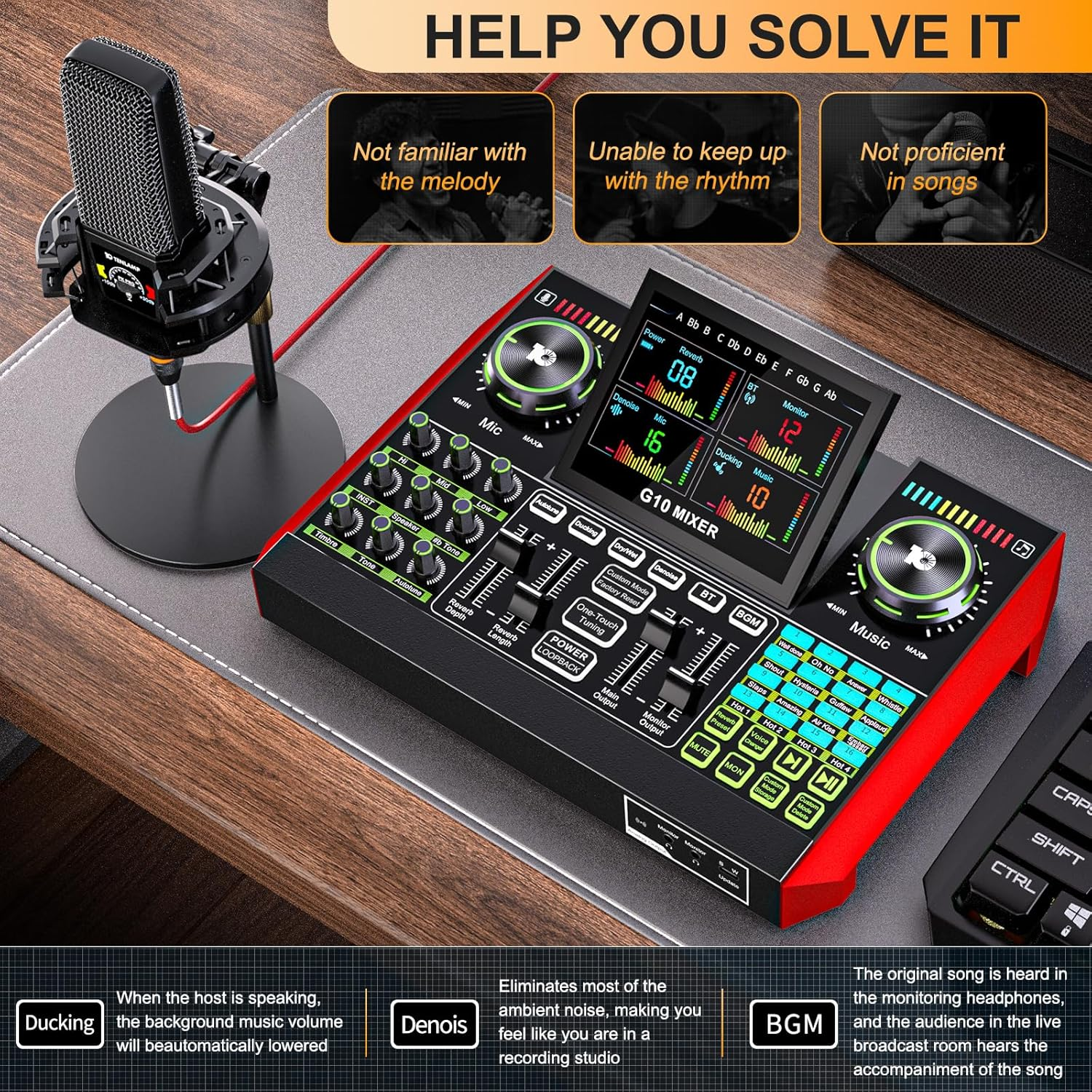 Tenlamp G10 Gaming Audio Mixer, Audio Interface with 3.5Mm/Xlr Microphone Input, 48V Phantom Power, Voice Changer Live Sound Card for Streaming, Podcasting, Recording, and Singing Content Creation image number 4