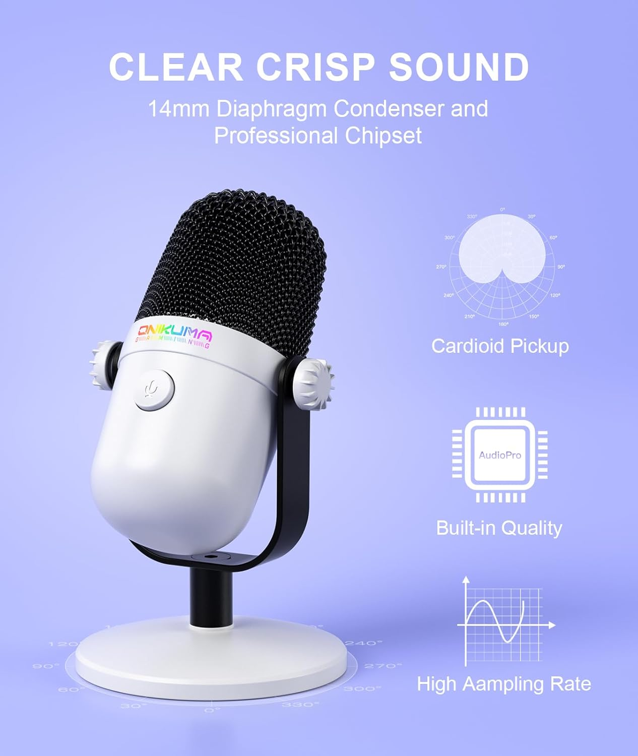 Gaming Microphone with Noise Cancellation & Mute Button, USB Condenser Mic for Streaming/Recording, Ultra-Compact Design, Compatible with Pc/Mac/Ps4/Ps5, Podcast/Youtube/Twitch/Discord (White) - Black image number 3