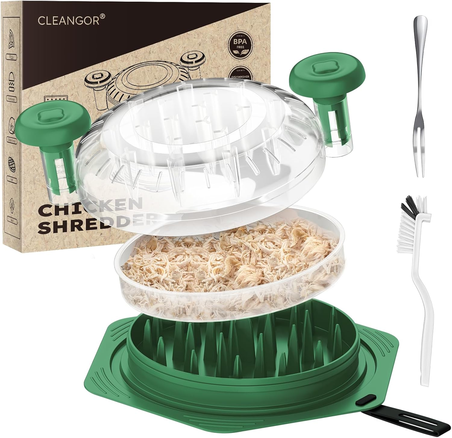 Cleangor Chicken Breast Shredder Tool Twist Large, BPA Free Meat Shredder with Ergonomic Handle, Non-Slip Food Shredder Tool for Pork, Set of Chicken Shredder with Brush & Fork (1, Black)