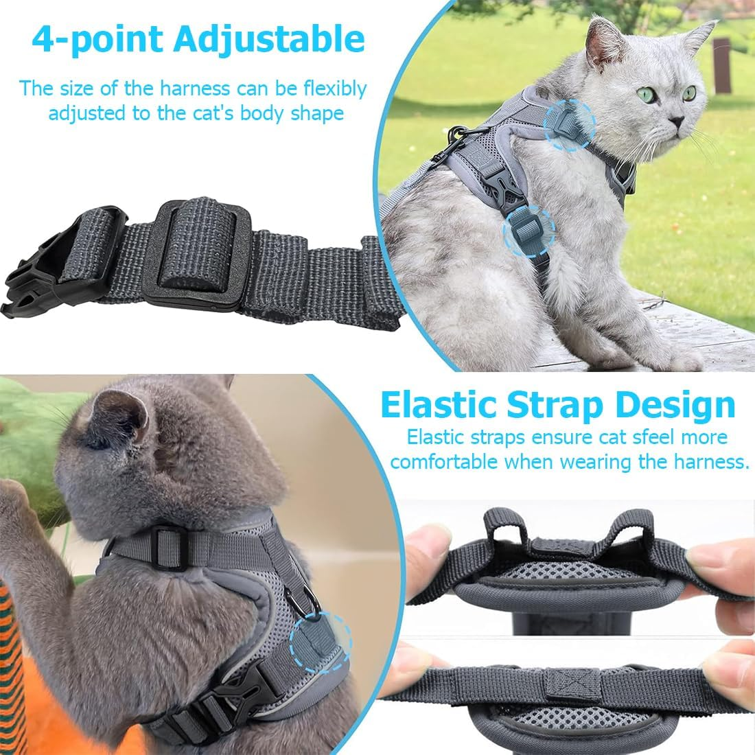 JYNVO Cat Harness with Lead, Escape Proof, Adjustable Cat Chest Harness with Reflective Stripes and Breathable Mesh Fabric for Nighttime, Safe, Comfortable for Cats, Kittens, Puppies (Grey-M) image number 4