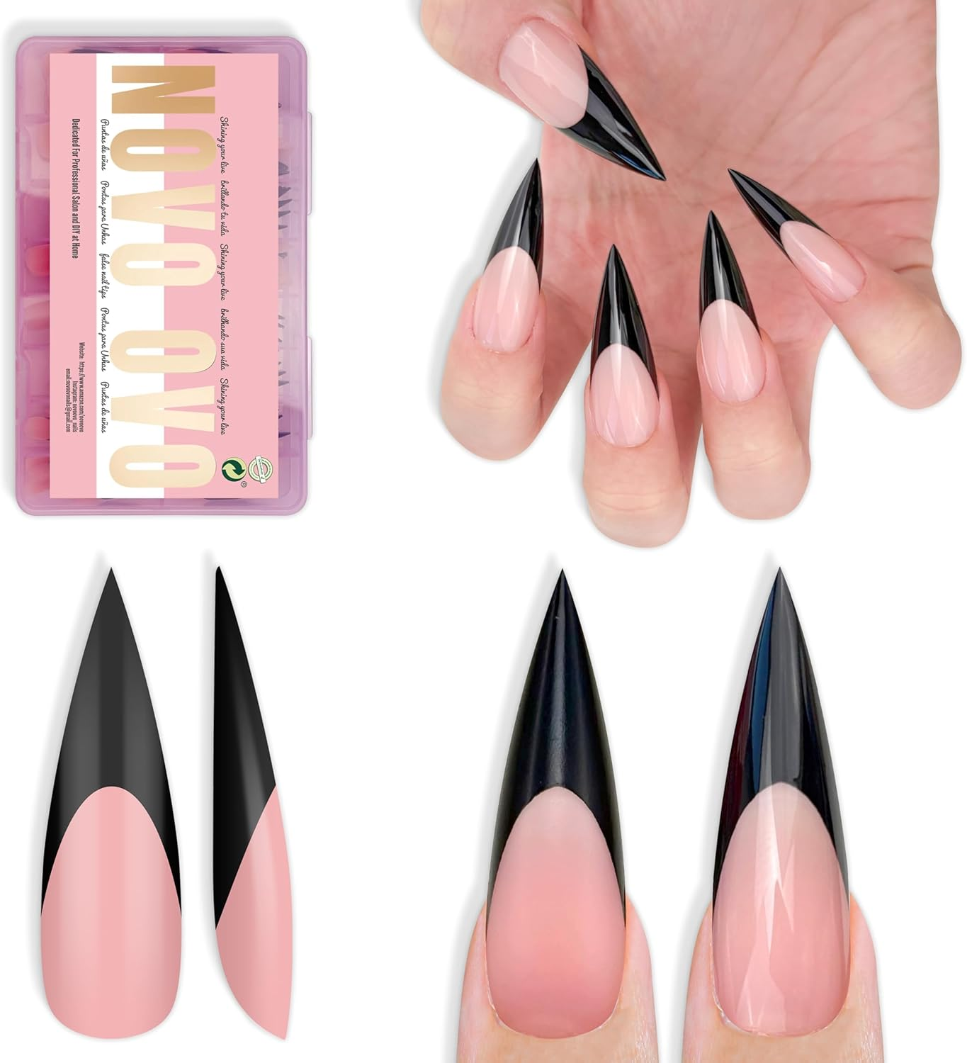 NOVO OVO Black French Tips Sharp Stiletto Pointed Medium Long Nail Tips Press on Baby Pink, Extra Thick Soft Gel Acrylic Extension, Full Cover False Nails for Salon DIY 16 Sizes, Pack of 160