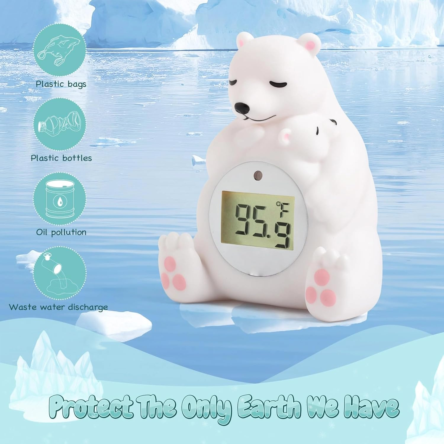 Baby Bath Thermometer - Floating, Auto Sleep Mode, Adjustable Alerts, Safety Certified - Cute Polar Bear image number 4