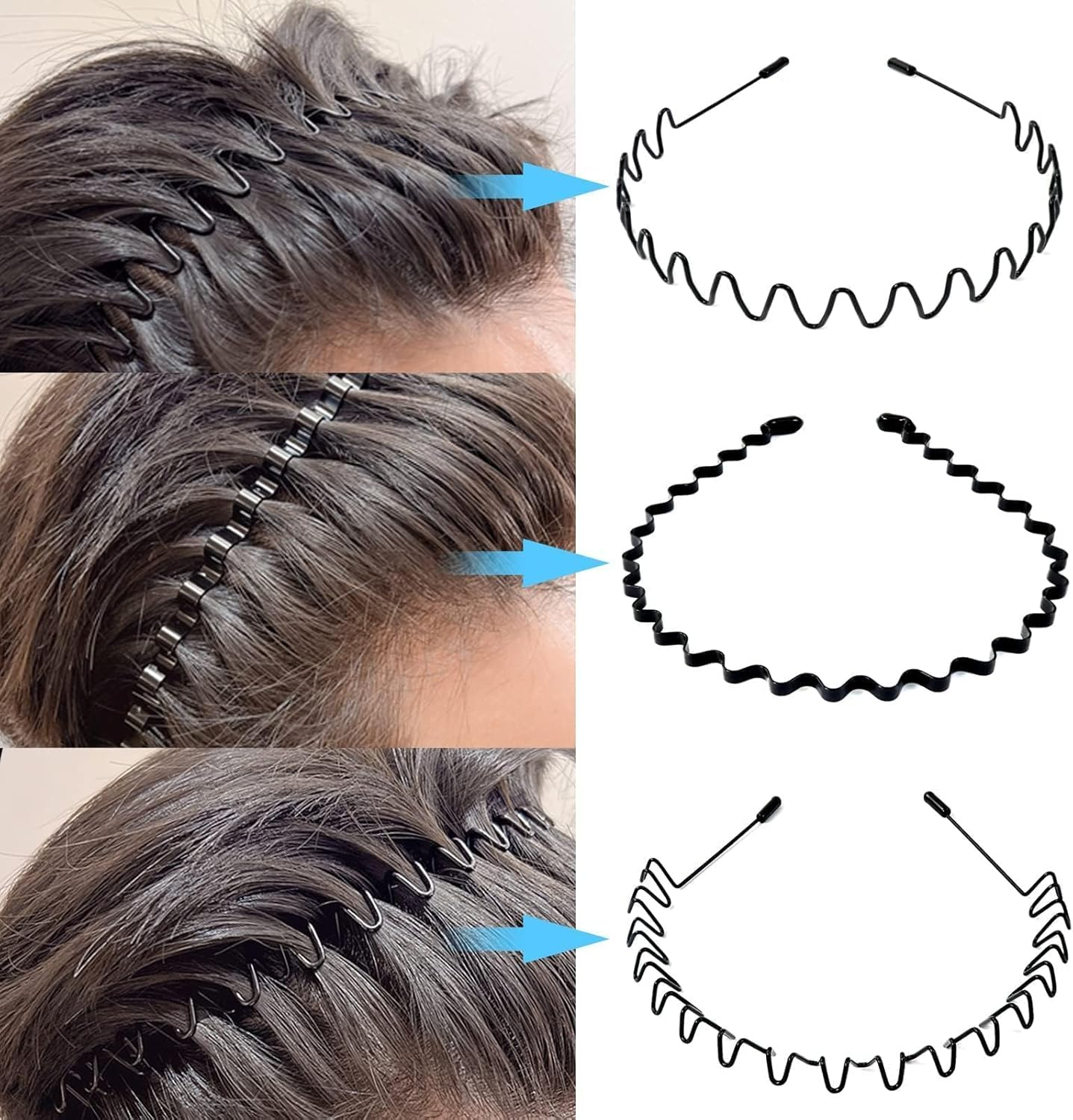 Hanyousheng 6 Pieces Metal Headband Black, Multi-Style Metal Hair Hoop, Unisex Hair Band, Hair Hoop Spring Wave Hairband, Sport Fashion Hair Band Accessories for Women and Men