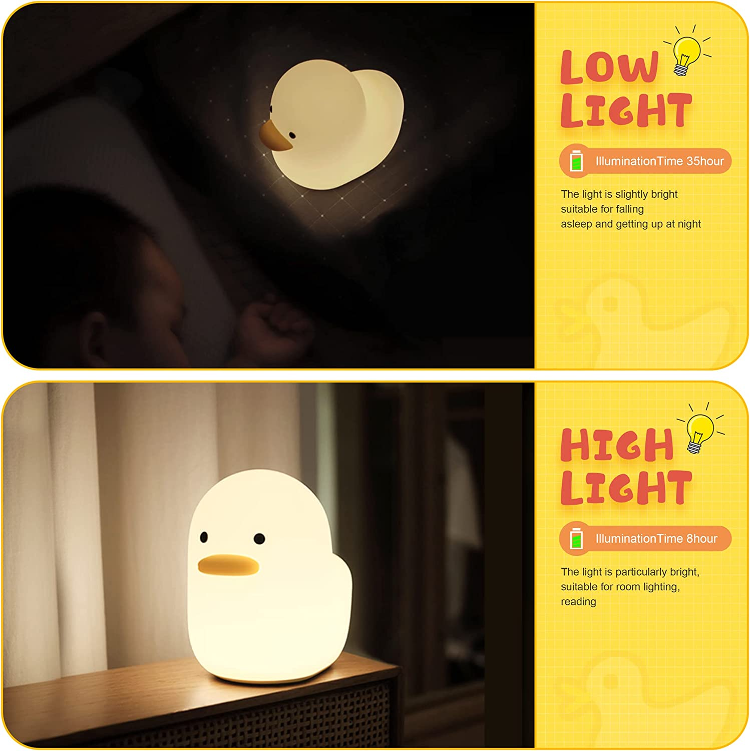 UNEEDE LED Benson Night Light, Cute Duck Animal Silicone Nursery Night Light Rechargeable Table Lamp Bedside Lamp with Touch Sensor for Baby Girls Women Bedrooms, Living Room image number 3