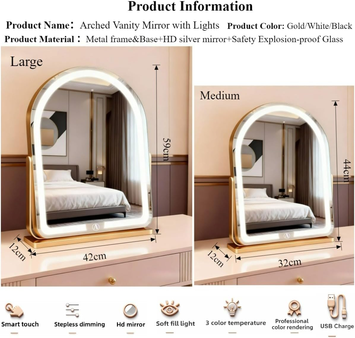 GDJIAYIYI Arched LED Vanity Mirror,Makeup Mirror with Lights,Tabletop Makeup Mirror,Touch Switch Adjustable Brightness, 360&deg; Rotation, 3-Color Light Countertop Vanity Mirror (White,44 * 32Cm)