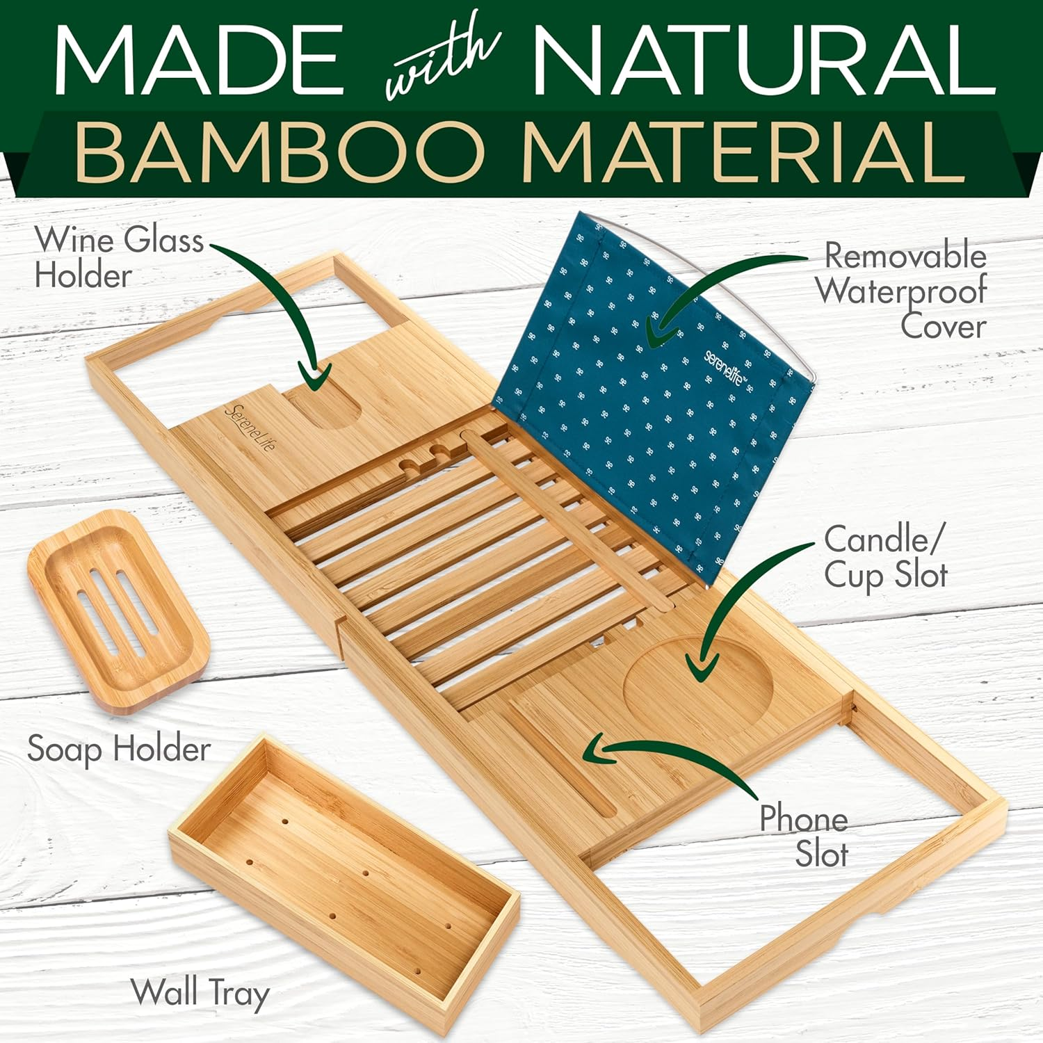 Serenelife Bamboo Bathtub Caddy Tray &ndash; Expandable, Adjustable Bath Shelf with Book/Tablet Holder & Removable Accessory Trays (Natural Finish) image number 1
