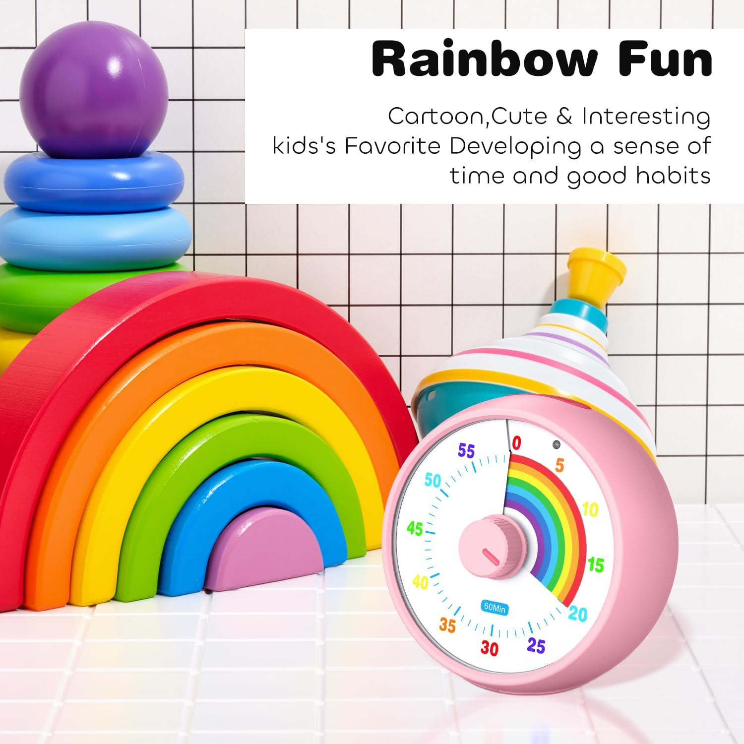 Visual Timer for Kids, 60-Minute Countdown Timer for Classroom Office Kitchen, Desk Timer Kids Time Management Tools with Silent Operation, Pomodoro Timer Rainbow Pattern(Pink) image number 5