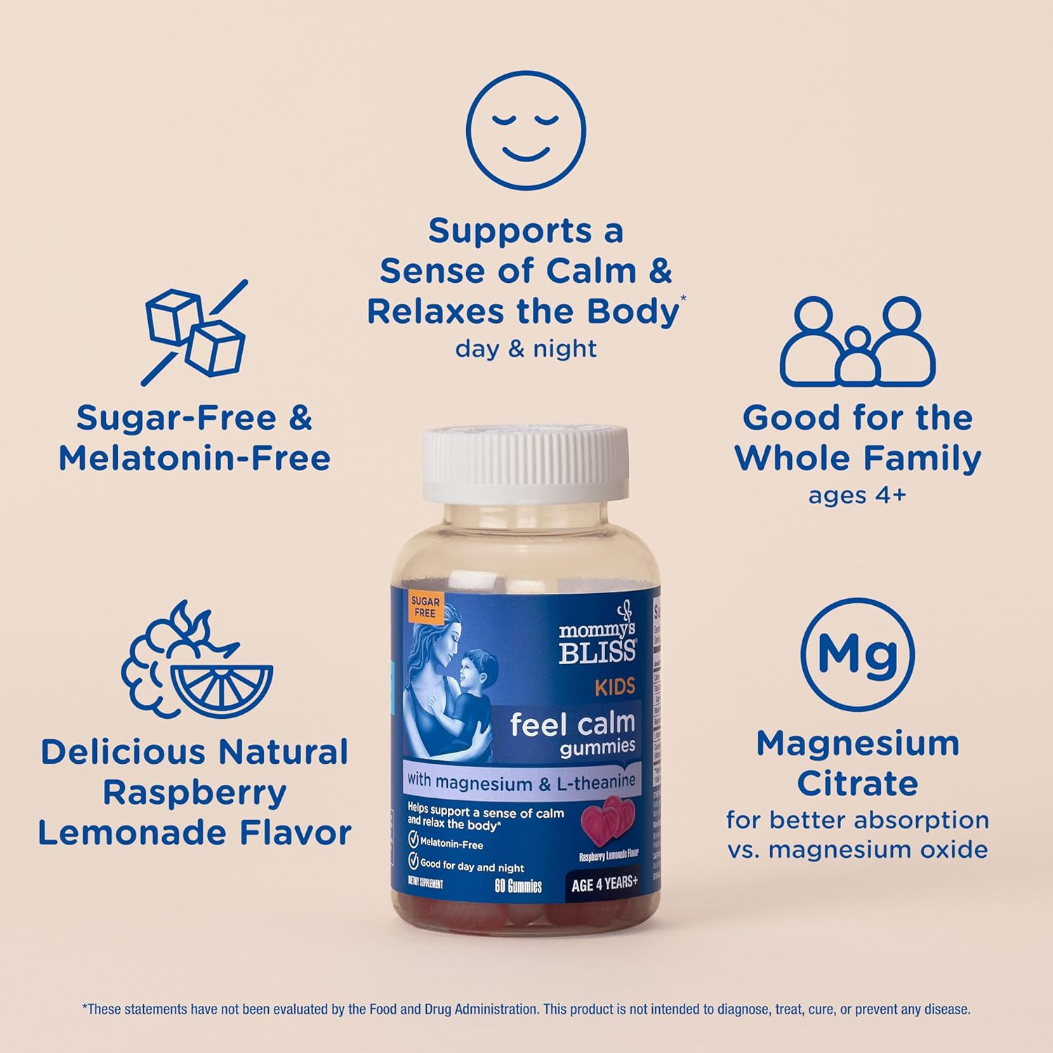 Mommy'S Bliss Kids Feel Calm Gummies, Support a Sense of Calm and Relax the Body, Made with Magnesium, L-Theanine, Sugar Free Raspberry Lemonade Flavor, Age 4+, 60 Gummies image number 2