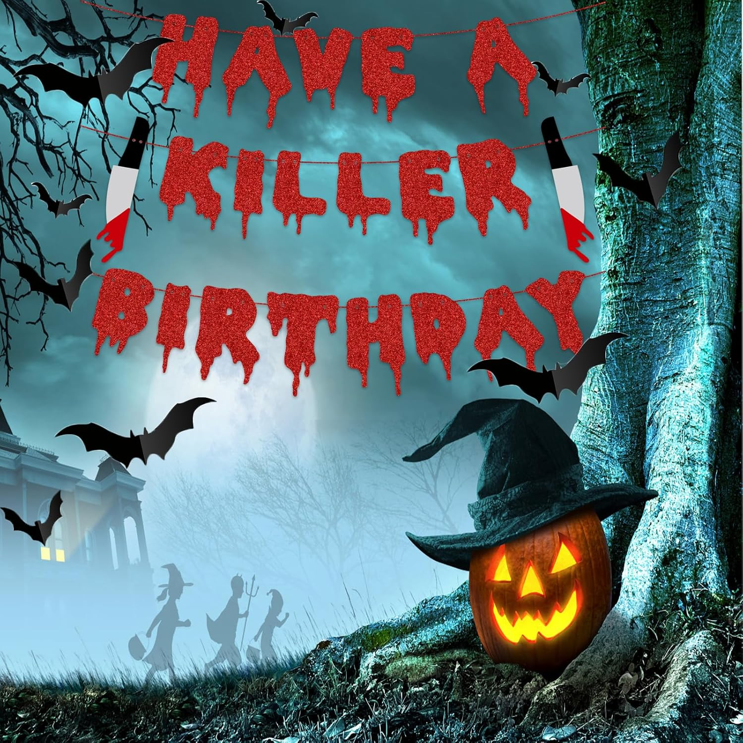 Have a Killer Birthday Party Banner Disposable Tablecloth for Halloween Birthday Halloween Bloody Horror Movie (Red) - Black image number 2