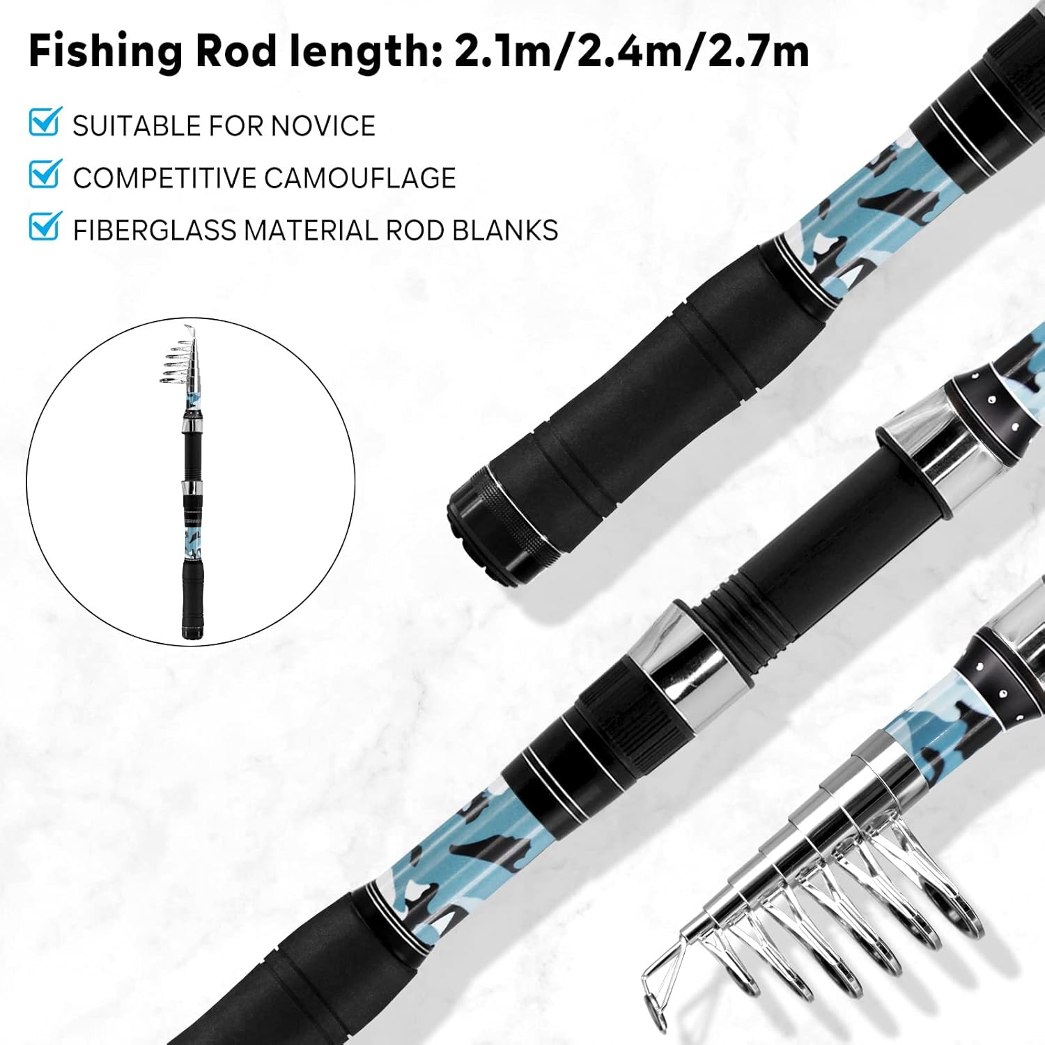KOMCLUB Fishing Rods 1.8M/2.1M/2.4M/2.7M Telescopic Fishing Rod Fishing Poles for Sea Saltwater Freshwater, Smooth Fiberglass Blanks, Stainless Line Guides and Ceramic Rings, Soft EVA Handle image number 1