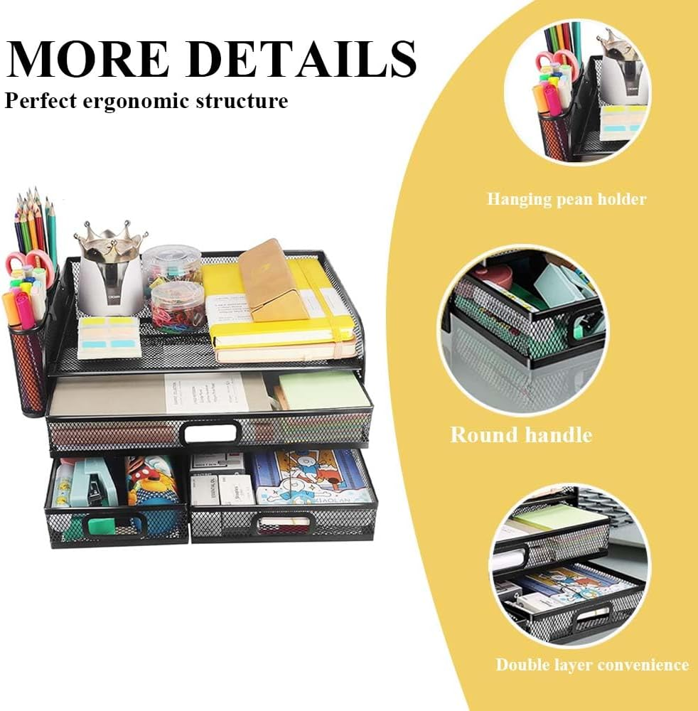 Desk Organizer,File Holder,Multi-Functional Mesh Desk Organizer,Desktop File Sorter Rack,Office Accessories,With Pencil Holders for Home,Office,School (Black) image number 3