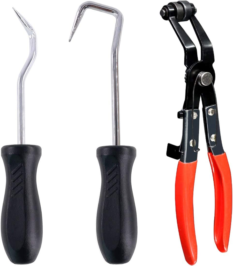Swpeet 3Pcs Hose Clamp Plier Set, Including 45&deg; Flat Band Hose Clamp Plier Angled Swivel Jaw Locking Car Water Pipe with 2Pcs Hose Removal Hook Set Perfect for Hose Installations of Low Radiators image number 3