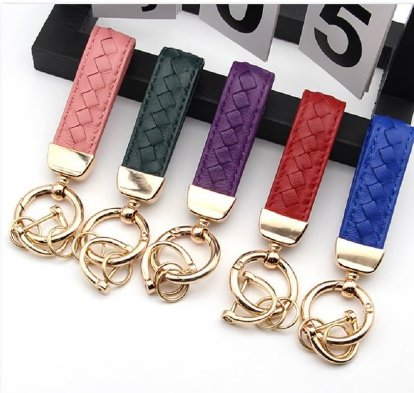 Leather Car Keychain, 360&deg; Rotatable Handmade Knit Keychain, Key Fob Holder with Anti-Lost D-Ring