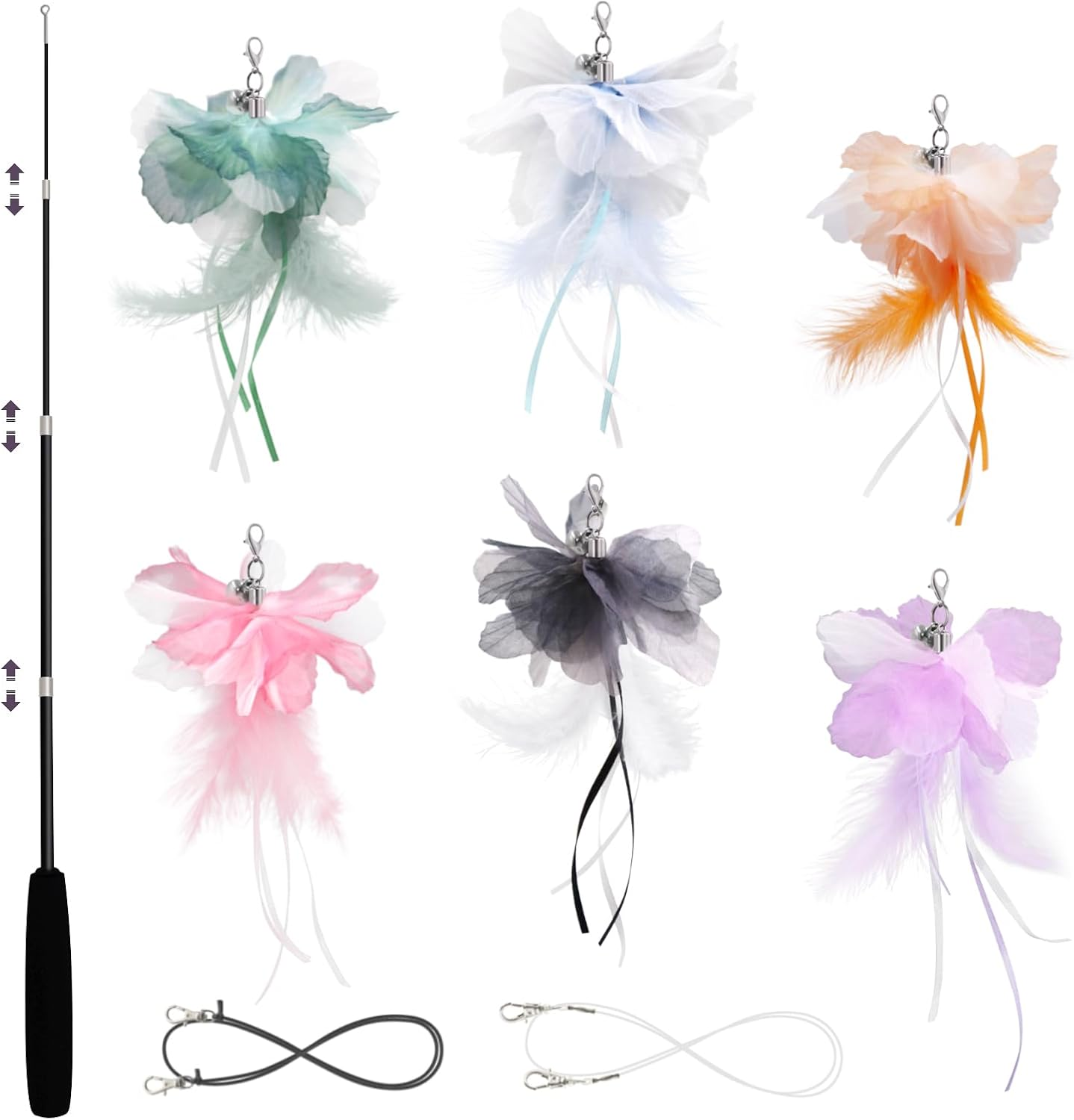 SONGWAY Cat Toys Flower with Wand, Interactive Cat Feather Toy Set - Retractable Teaser Wand with 6 Pcs Feather Refills with Bell, Cat Wand Toys for Indoor Cats Kittens Play Chase Exercise,
