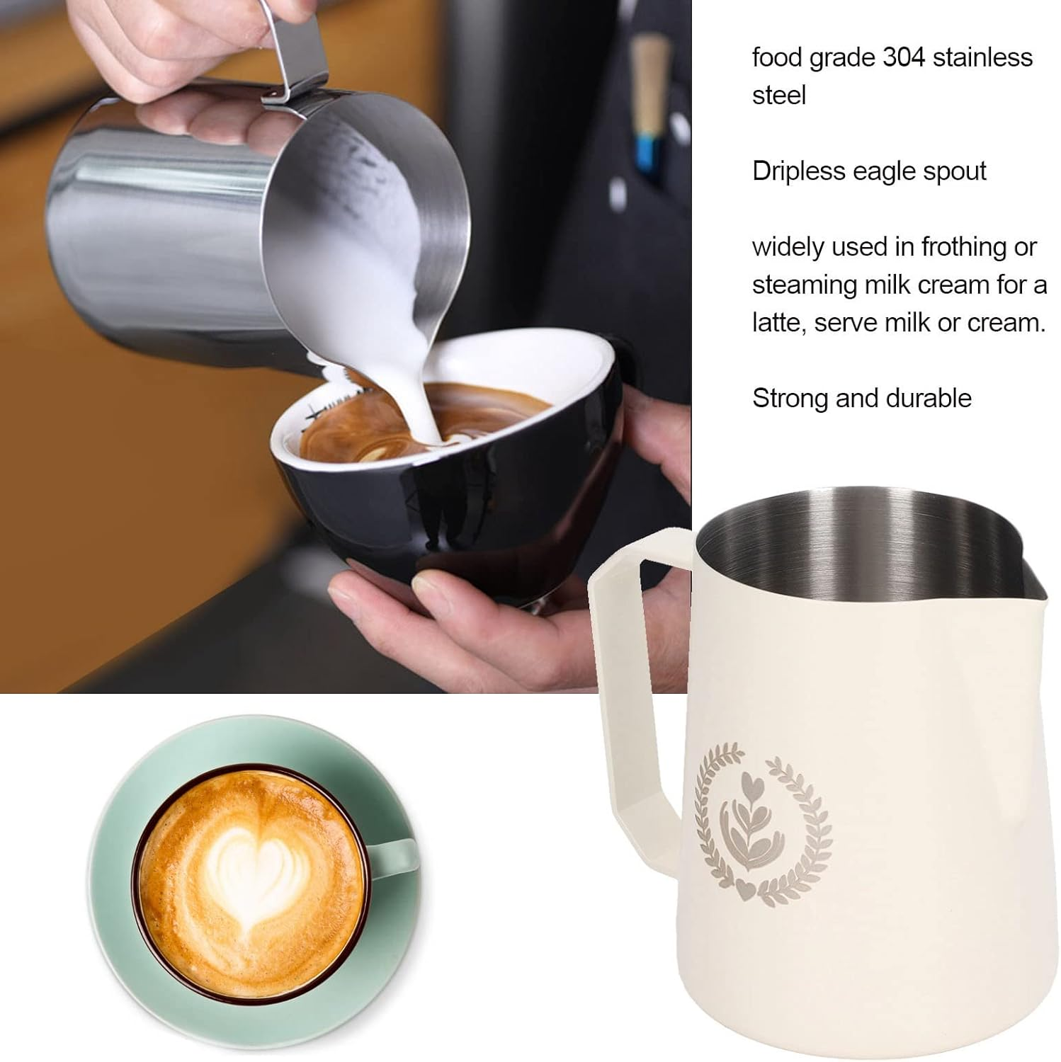 Milk Frothing Pitcher, Milk Frothing Pitcher Stainless Steel, 450Ml Milk Frother Pitcher, Coffee Milk Frothing Cup, for Making Coffee (14) - Matte Beige image number 6
