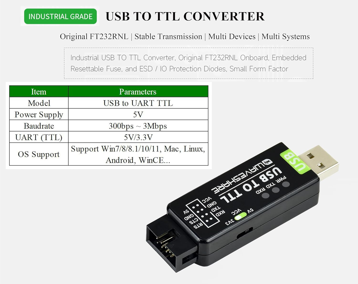 Industrial USB to TTL Converter Board, with Original FT232RNL Better Stability&Compatibility, Embed Resettable Fuse ESD/IO Protection Diodes Compatible with Mac Linux Android Wince Win7/8/8.1/10/11 image number 1