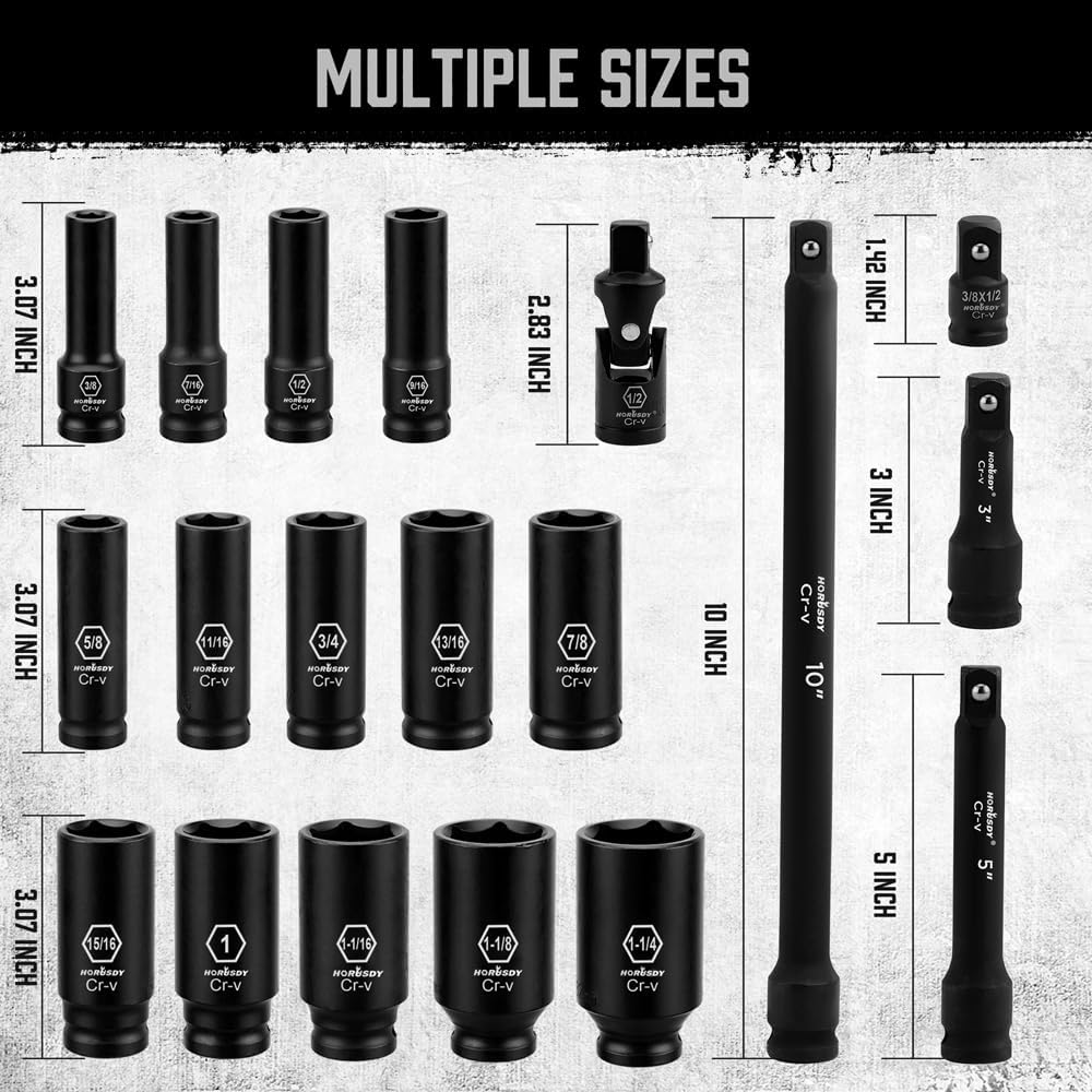 HORUSDY 19-Piece 1/2-Inch Drive Impact Socket Set, Imperial 3/8-1-1/4 Inch 6-Point Deep Sockets Set SAE Heavy Duty with Storage Case image number 2