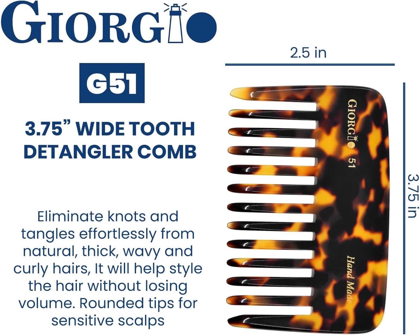 Giorgio G51 TY Small Travel Purse Hair Detangling Comb, Wide Teeth Pocket Comb for Thick Curly Wavy Hair. for Wet and Dry Everyday Care. Handmade of Cellulose, Saw-Cut Hand Polished image number 4