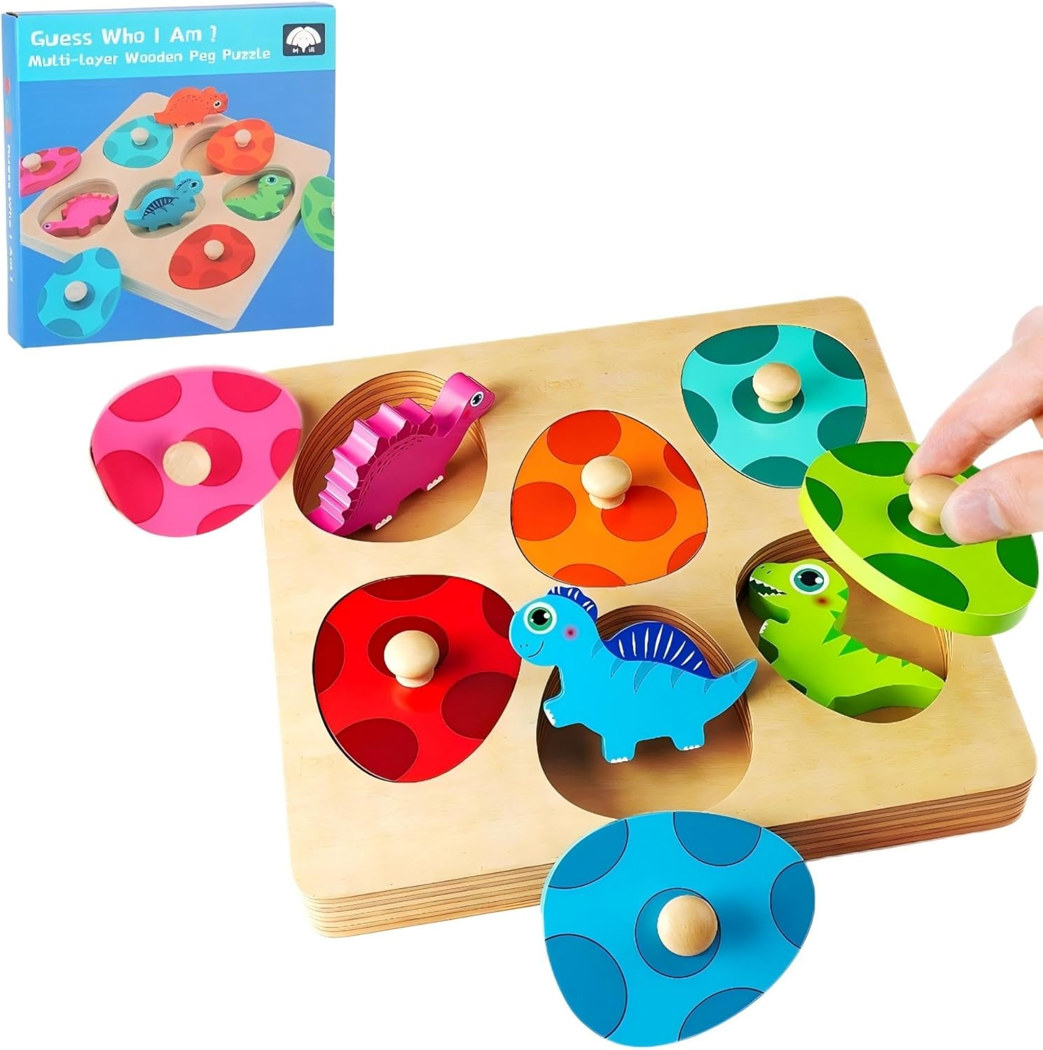 MOONKATE Montessori Wooden Multi-Layer Dinosaur Matching Eggs Pegged Puzzles for Toddlers image number 1