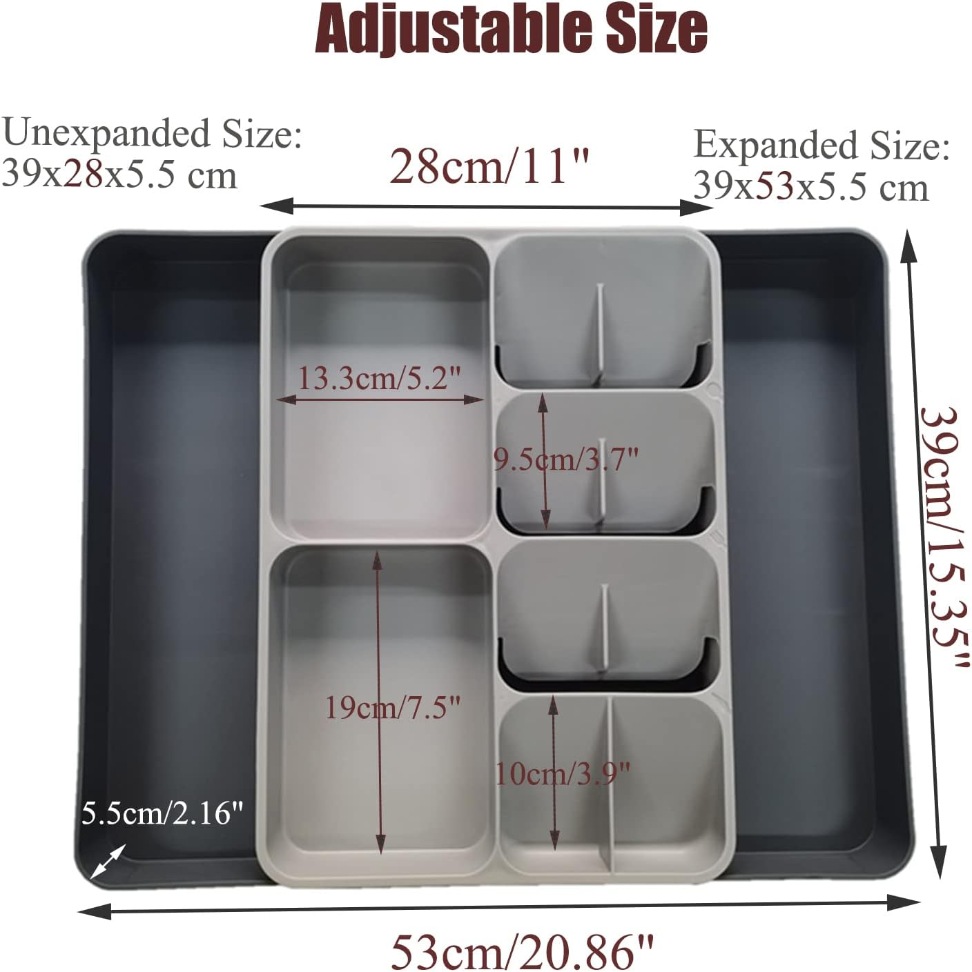 FOREVERIE Extendable Cutlery Drawer Organiser & Utensil Tray &ndash; Adjustable Width (28-53Cm), 39Cm Organizer Depth (Fits 40Cm+ Drawers), 5.5Cm Low Profile, Knife, Fork & Spoon Storage, Space Saving Grey image number 5