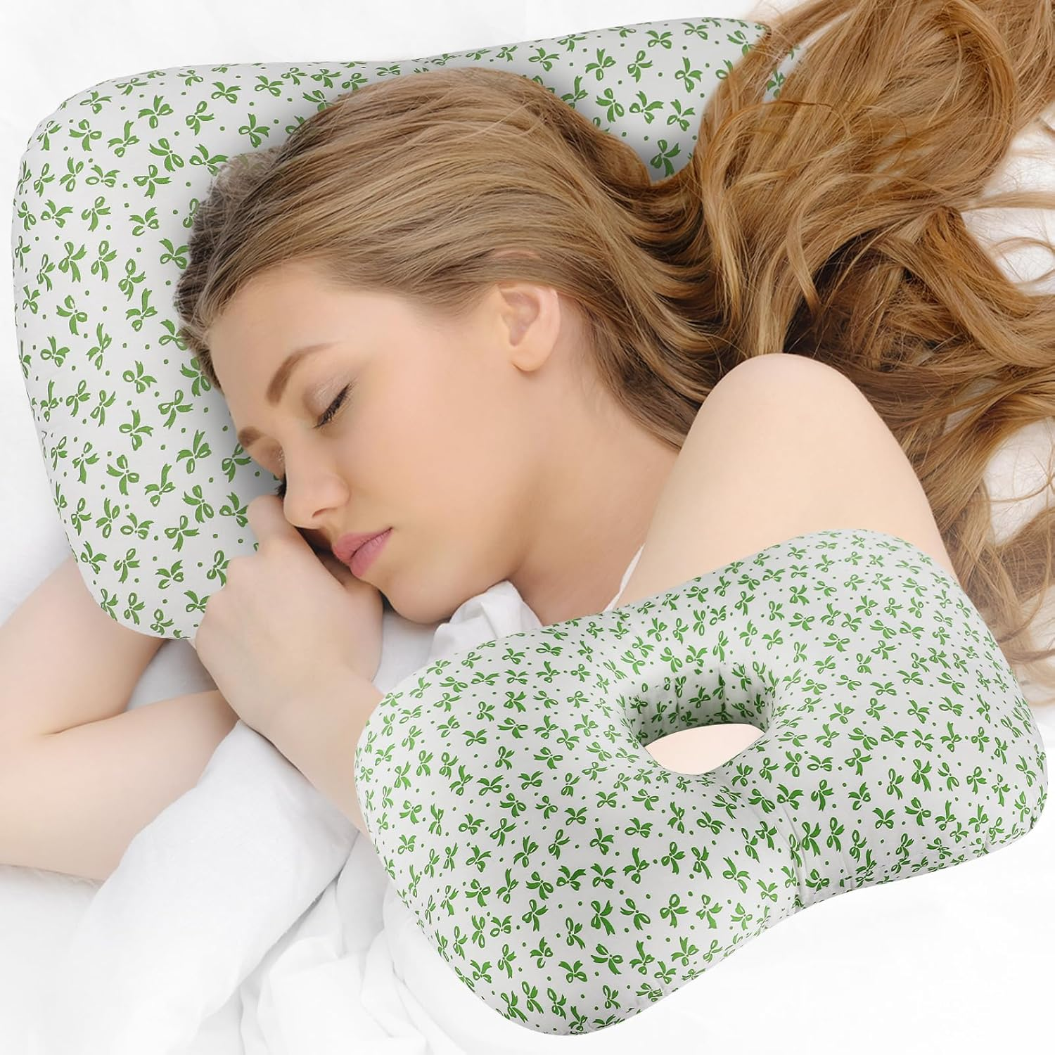 Wuronsa Ear Piercing Pillow with an Ear Hole, Cotton and Polyester Side Sleeping Pillow for CNH and Ear Pain Ear Inflammation Pressure Sores for Side Sleepers, Ear Guard Pillow (Light Pink)