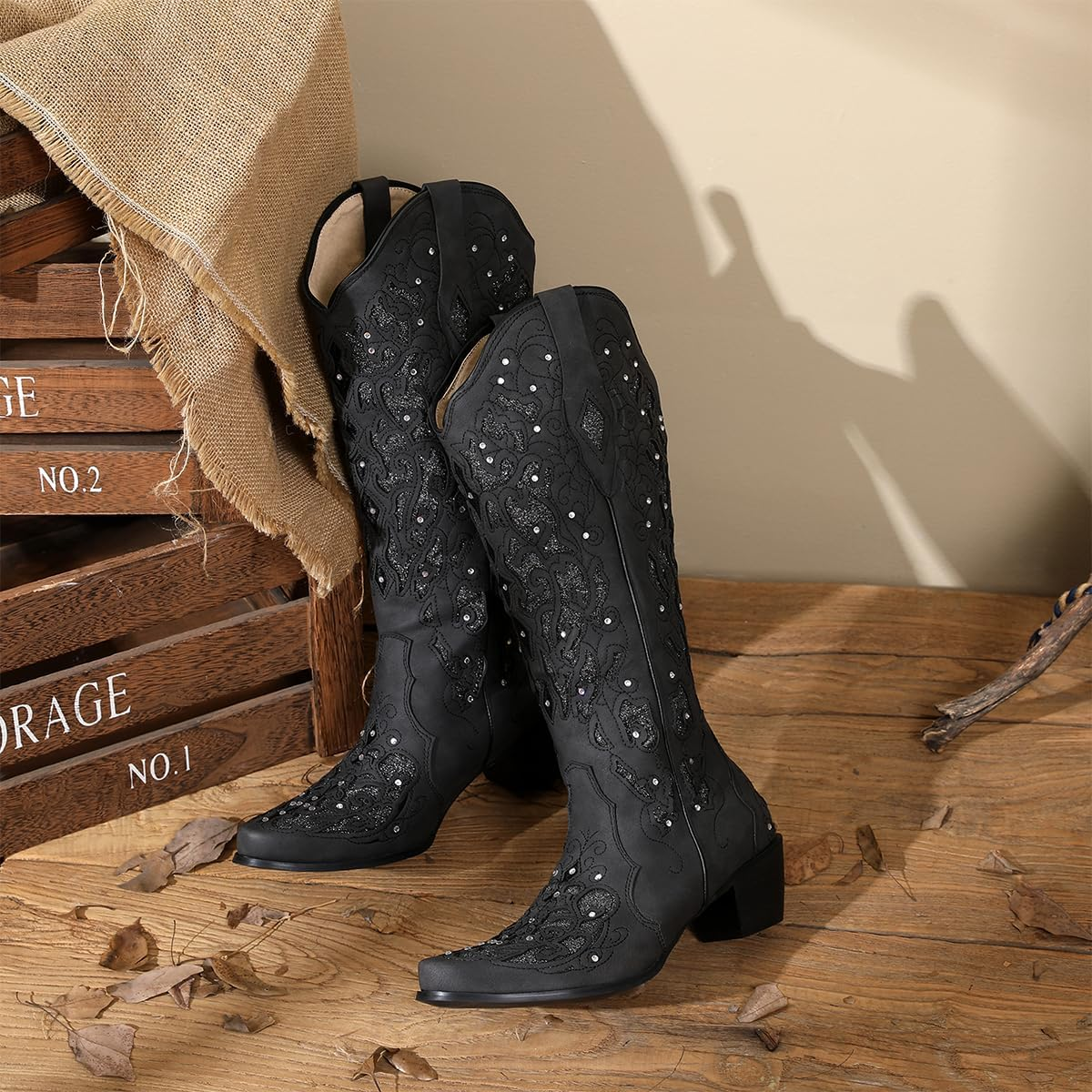 Sarairis Cowboy Boots for Women Cowgirl Boots Western Boots Chunky Heel Pointed Toe Pull on Rhinestones Embroidered Knee High Boots Mid Calf Boots image number 4