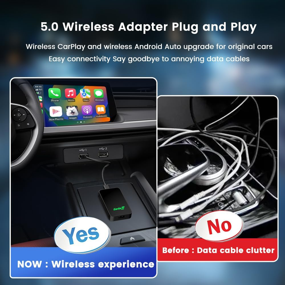 2025 Upgrade Carlinkit 5.0 Wireless Carplay Android Auto Adapter, Wireless CP/AA Adapter, Wireless Android Auto Adapter, Fast Connect, More Stable, Suit for Built-In Wired Carplay/Wired Android Auto