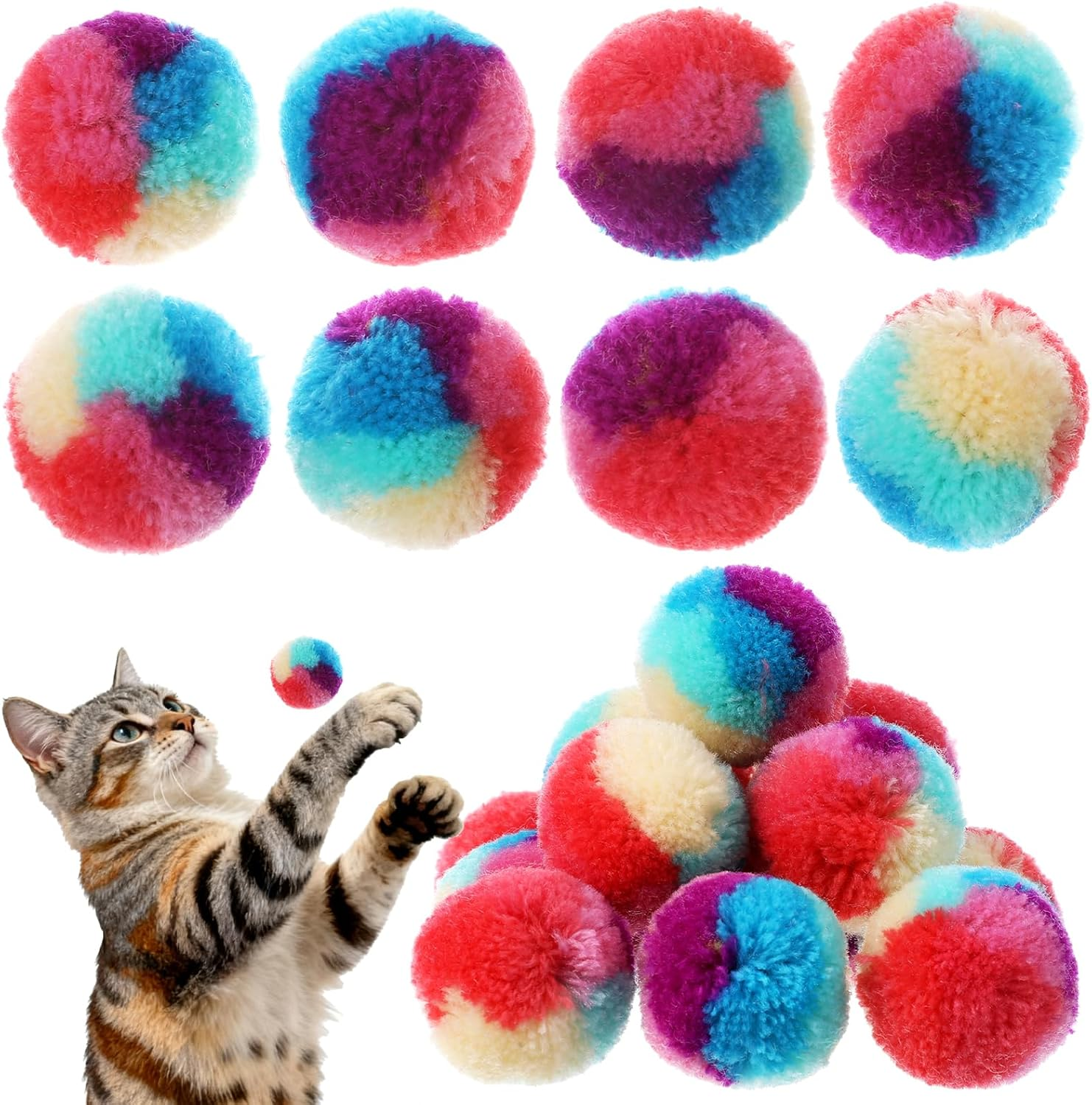 Xindojuz 20 PCS Cat Pom Pom Balls, Assorted Color Fur Toy Kitty Yarn Puffs, Small Plush Interactive Soft Fuzzy Kitty Toy Balls for Indoor Pet Cat Kitten Teething, Chasing & Self Play, 0.98 Inch image number 2