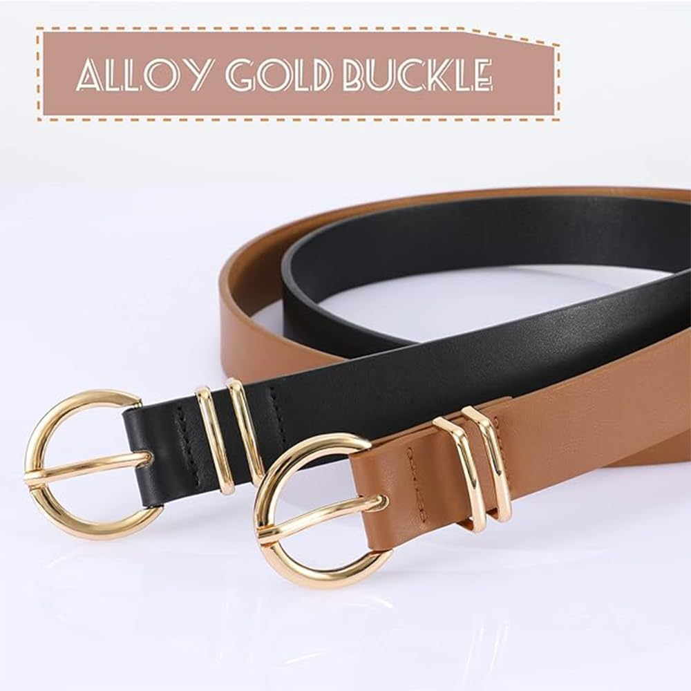 2 Pack Women'S Leather Belts, Casual Waist Belt for Jeans/Dresses, Fashion Gold Buckle Ladies Dress Belt for Jeans Dresses Pants Ladies Leather Waist Belt with Gold Buckle,Fashion Womens Belt image number 2