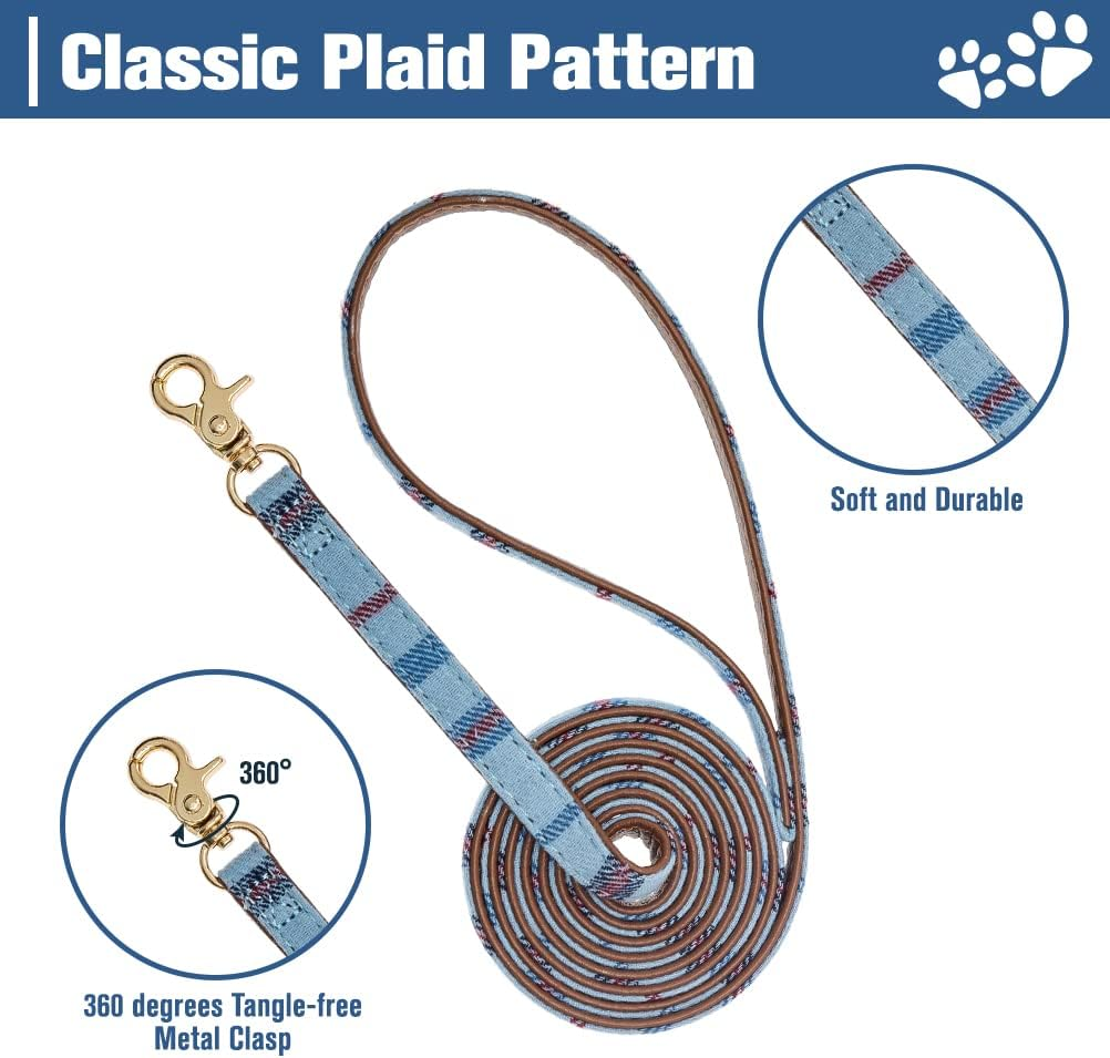 EXPAWLORER Dog Collar and Leash Set - Pawprint Plaid Collar with Bow Tie and Bell, Cute for Dogs and Cats, Blue S-M image number 2