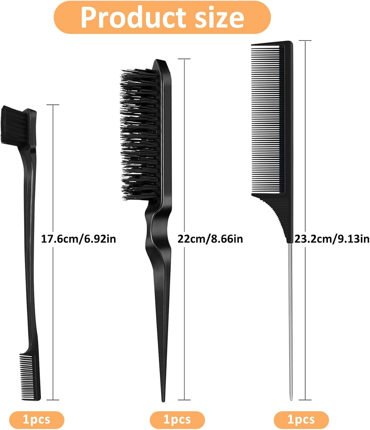 Daryunk 3 Pieces Hair Brush, Teasing Comb, Double Sided Hair Edge Brush, Rat Tail Comb, Plastic Bristle Hair Brush, for Teasing Hair Slicking Brushing Combing Styling image number 2