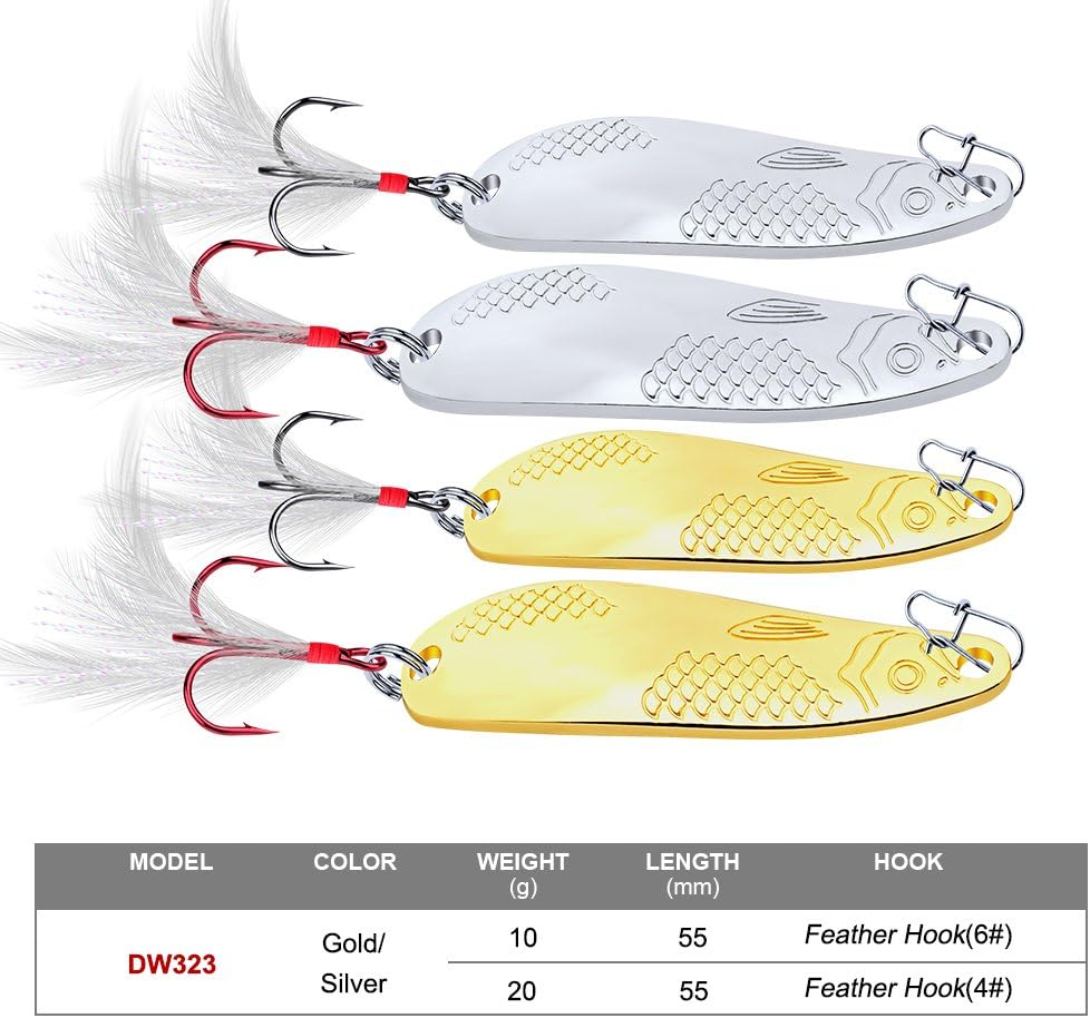 Metal Spoon Lure 10G 20G Hard Fishing Bait Silver/Gold Spinner Bass Baits Feather Hook for Bass Walleyes Trout Fishing Lures Pack of 10Pcs image number 2