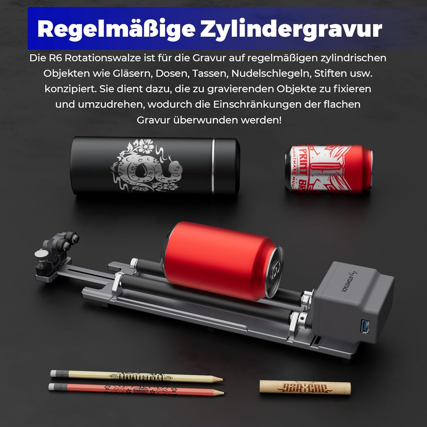 ATOMSTACK R6 Rotary Roller for P1 Laser Engraving Machine with 4 Lever Feet for Engraving on Cylinders, Cups, Pens, Pasta Bars and Cans (R6) - R6 image number 3