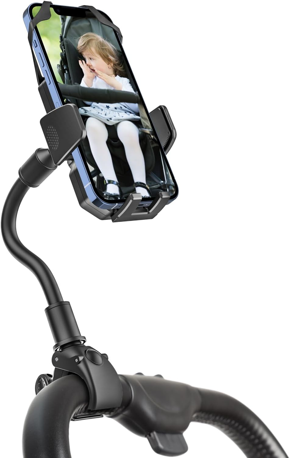 Gooseneck Stroller Phone Holder, Cell Phone Mount Pole Clamp for Baby Stroller, Shopping Cart, Wheelchair, One Hand Operation Phone Clip, for Iphone 16 15 Pro Max 14 13 12 11, Android, All Smartphones