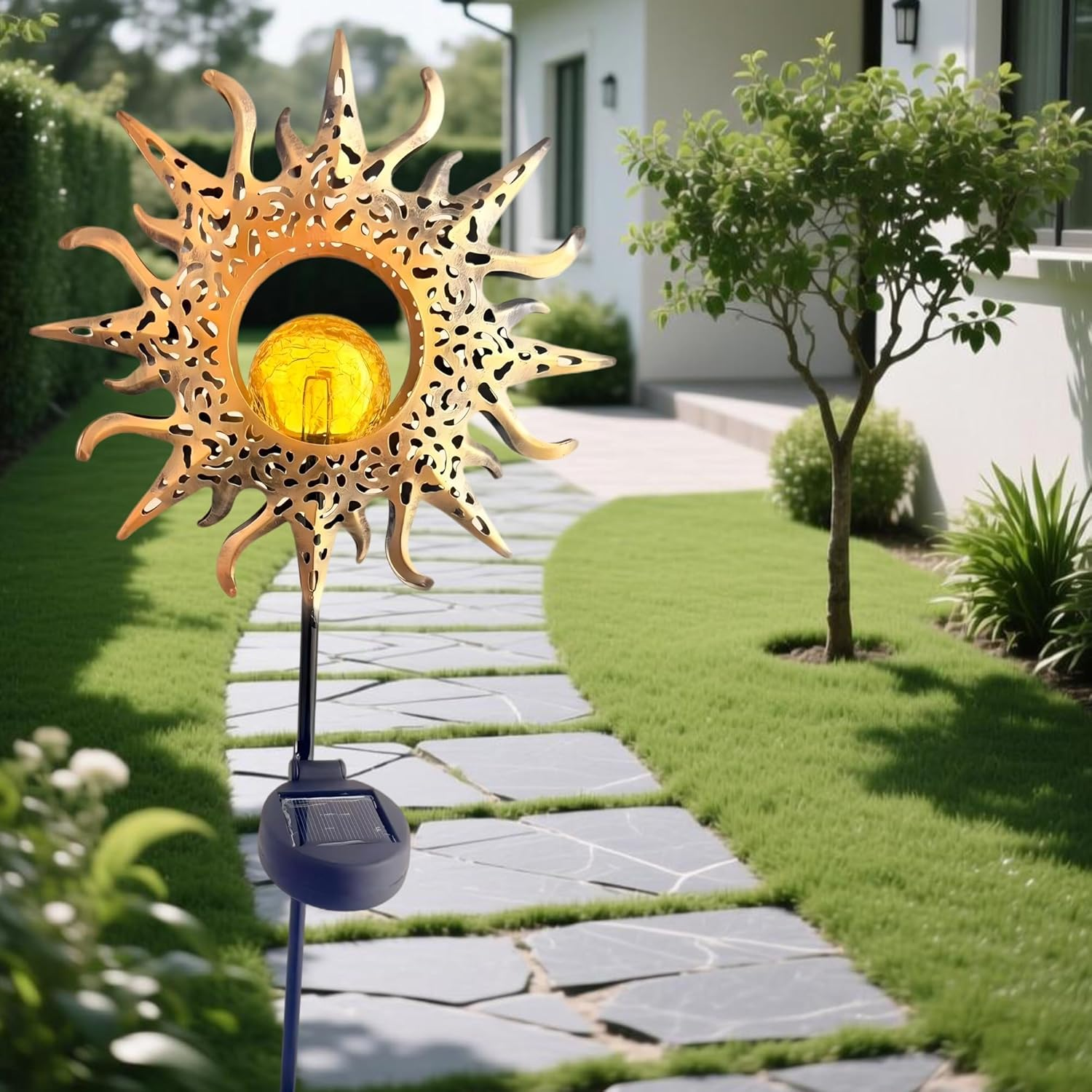 Home Decor Solar Outdoor Garden Lights Decorations, Sun & Fire Warm Globe Lights for Outdoor Decoration Exterior Pour Terrasse & Patio Decor Garden Accessories (Sun) image number 2