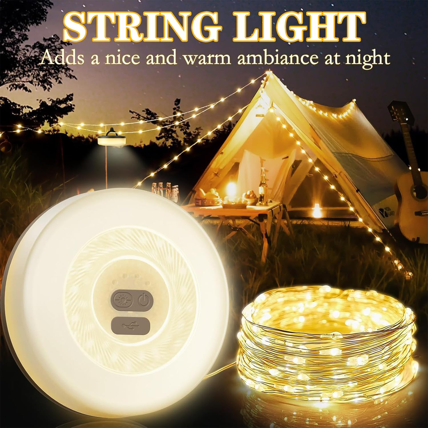 Camping String Light Lamp, 2 in 1 Rechargeable Waterproof LED Hanging Light, 32.8Ft Portable Camping Lantern for Outdoor Tent Garden Party Festival Decor - Light Yellow image number 6