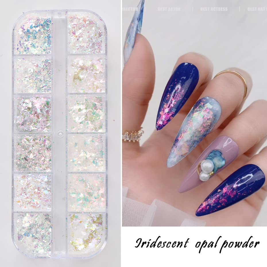 Jmeowio Holographic Nail Art Glitter Iridescent Flakes Foil 12 Grids Mermaid Bright Colorful Star Gradient Ice Slag Sequins Paillettes Summer Decoration