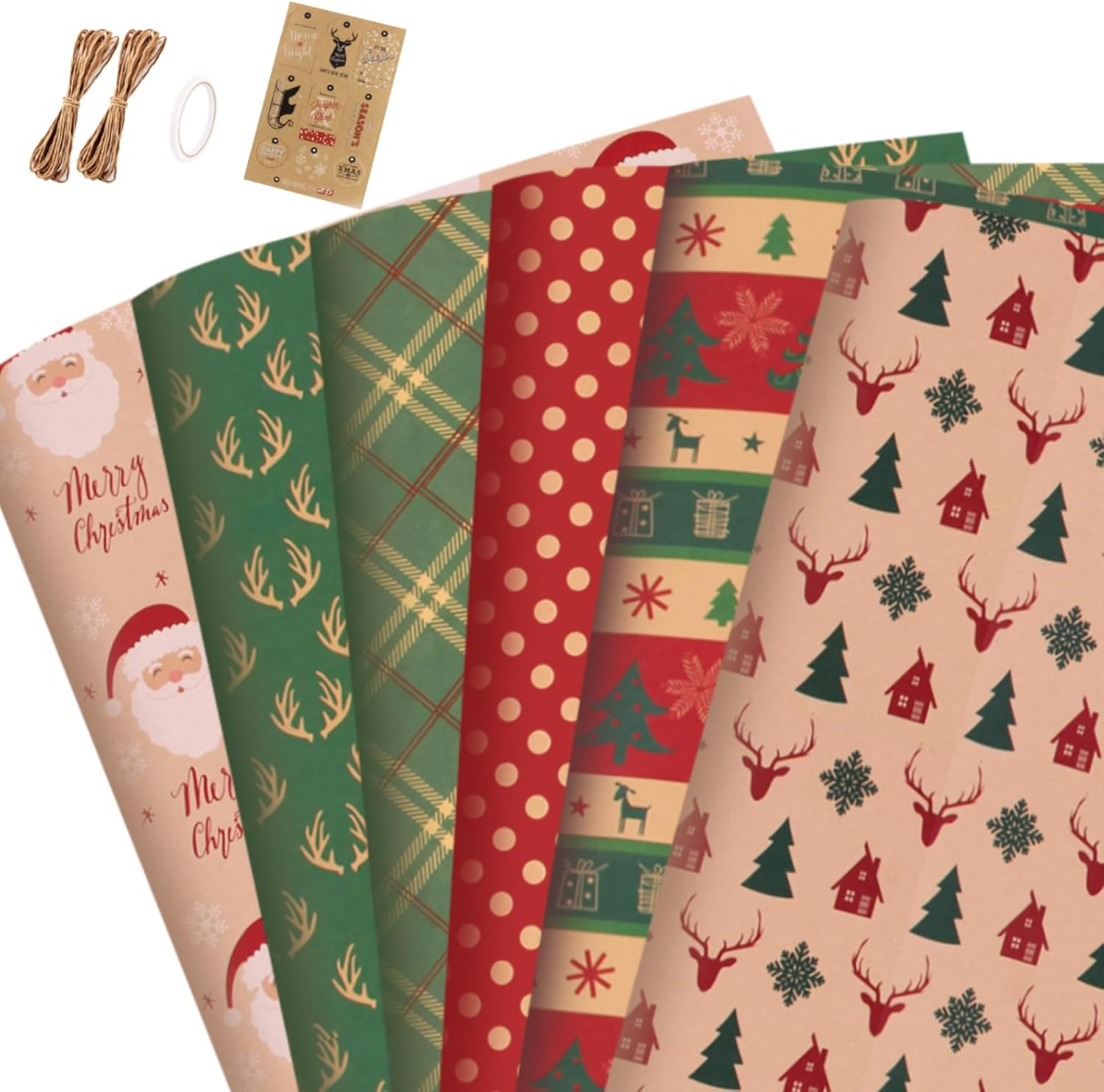 Xugoox 6 Sheet Christmas Wrapping Paper, Wrapping Paper, Brown Packaging Paper with String Sticker, Xmas Trees Gift Wrap for Christmas Holiday New Year Wedding Party Decor DIY Craft