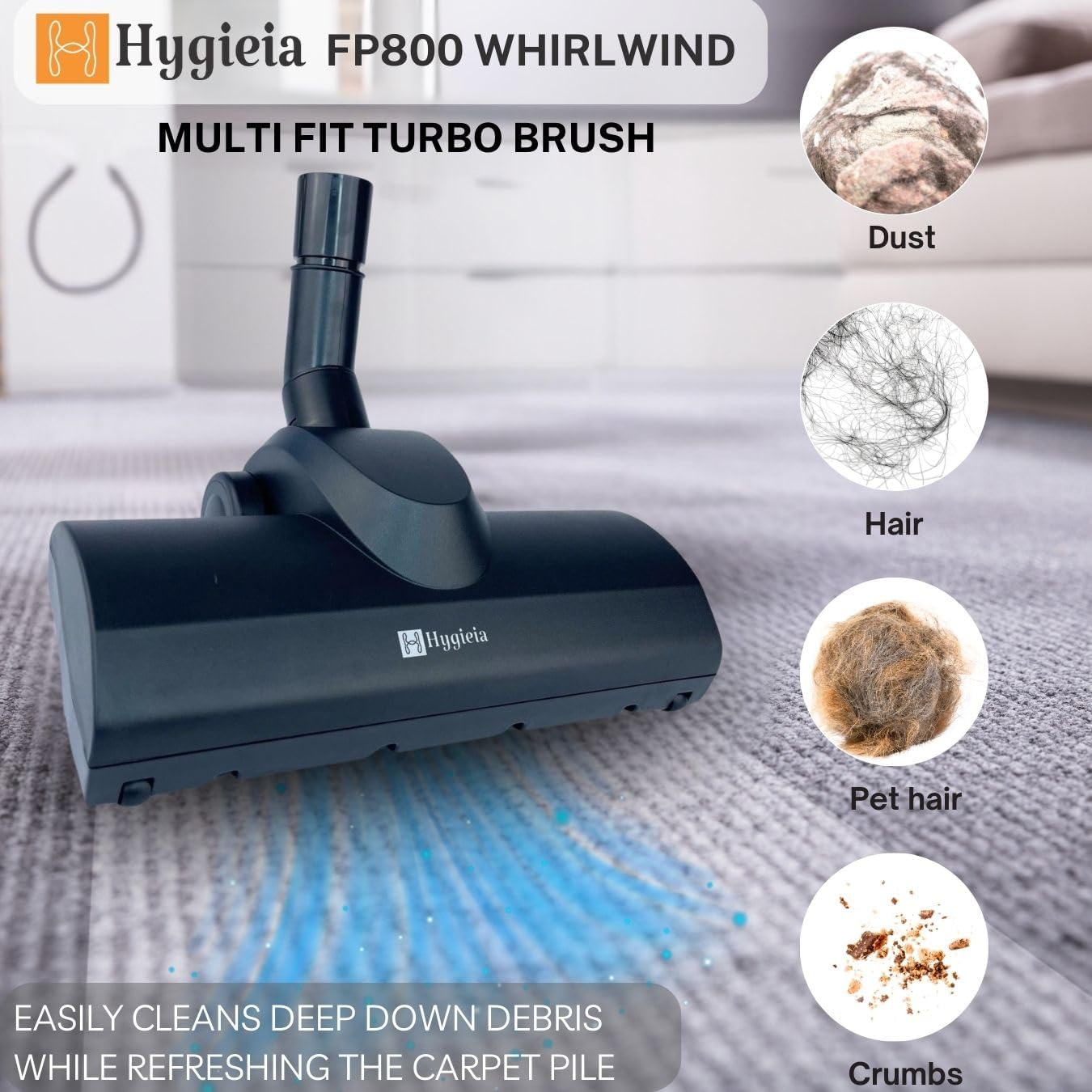 Hygieia Whirlwind Universal Turbo Brush for 32Mm & 35Mm Rod Vacuum Cleaners - Powerful Air Driven Carpet & Hard Floor Attachment - Compatible with Hoover, Miele, Electrolux, LG, and More image number 6