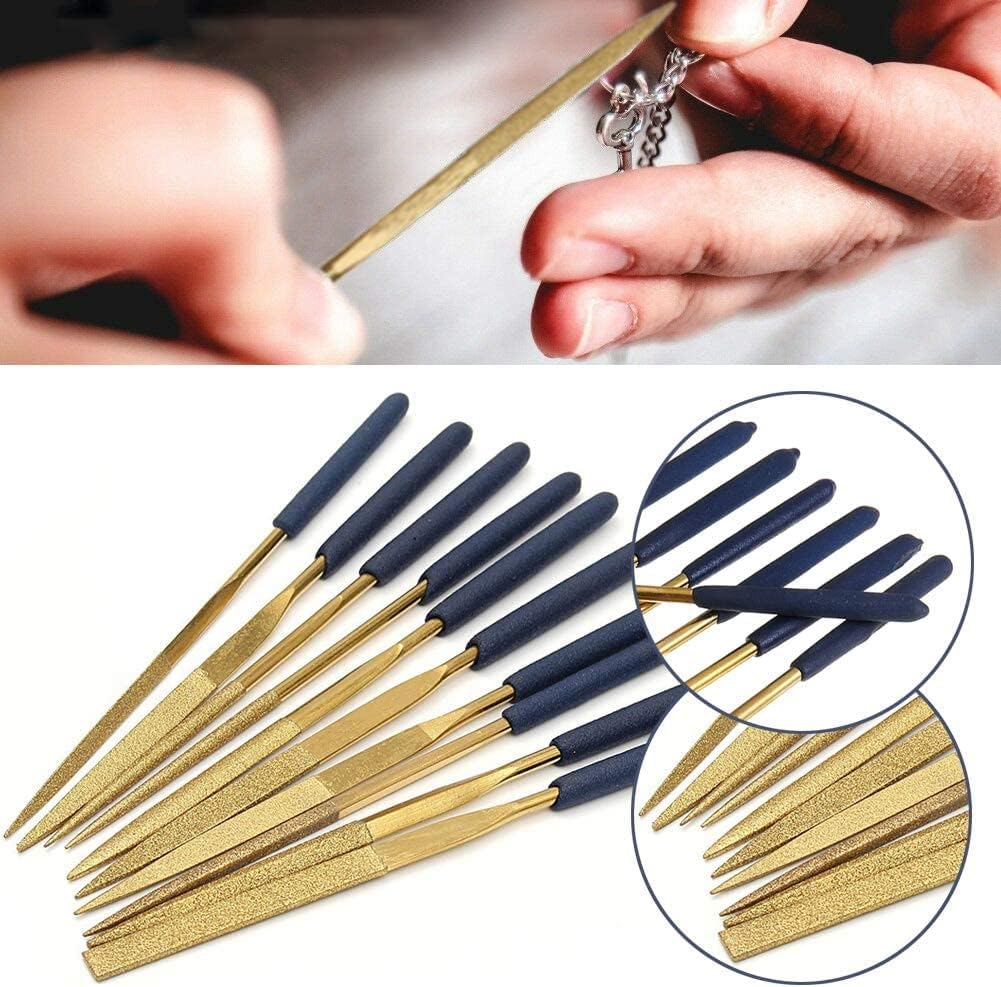 Yakamoz 10Pcs 5X180Mm Titanium Coated Small Diamond Needle File Set Mini round Triangular Square Flat Shape Metal Riffler Files Jewelers File Precision Hand Tools for Glass Wood Stone Jewelry image number 6